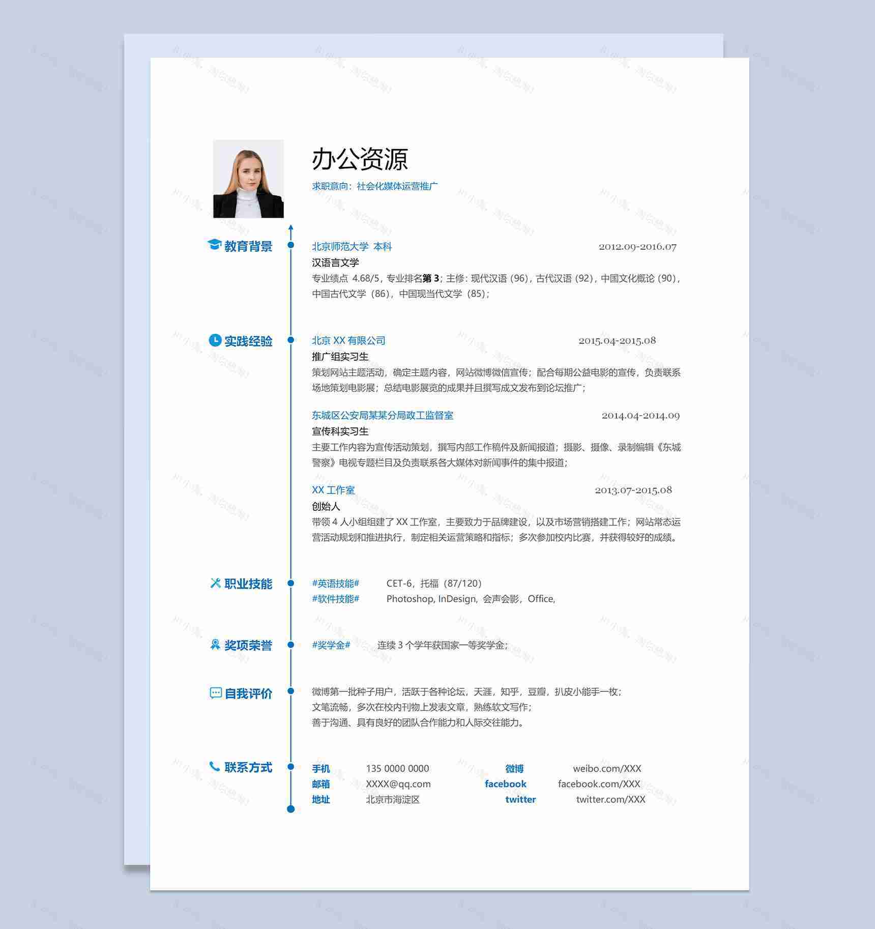 社会化媒体运营推广专员通用求职简历个人简历Word模板-1
