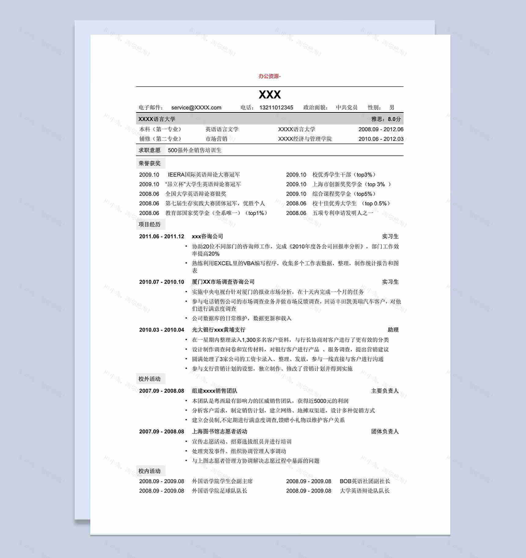 销售通用白色版个人求职招聘简历Word模板-1