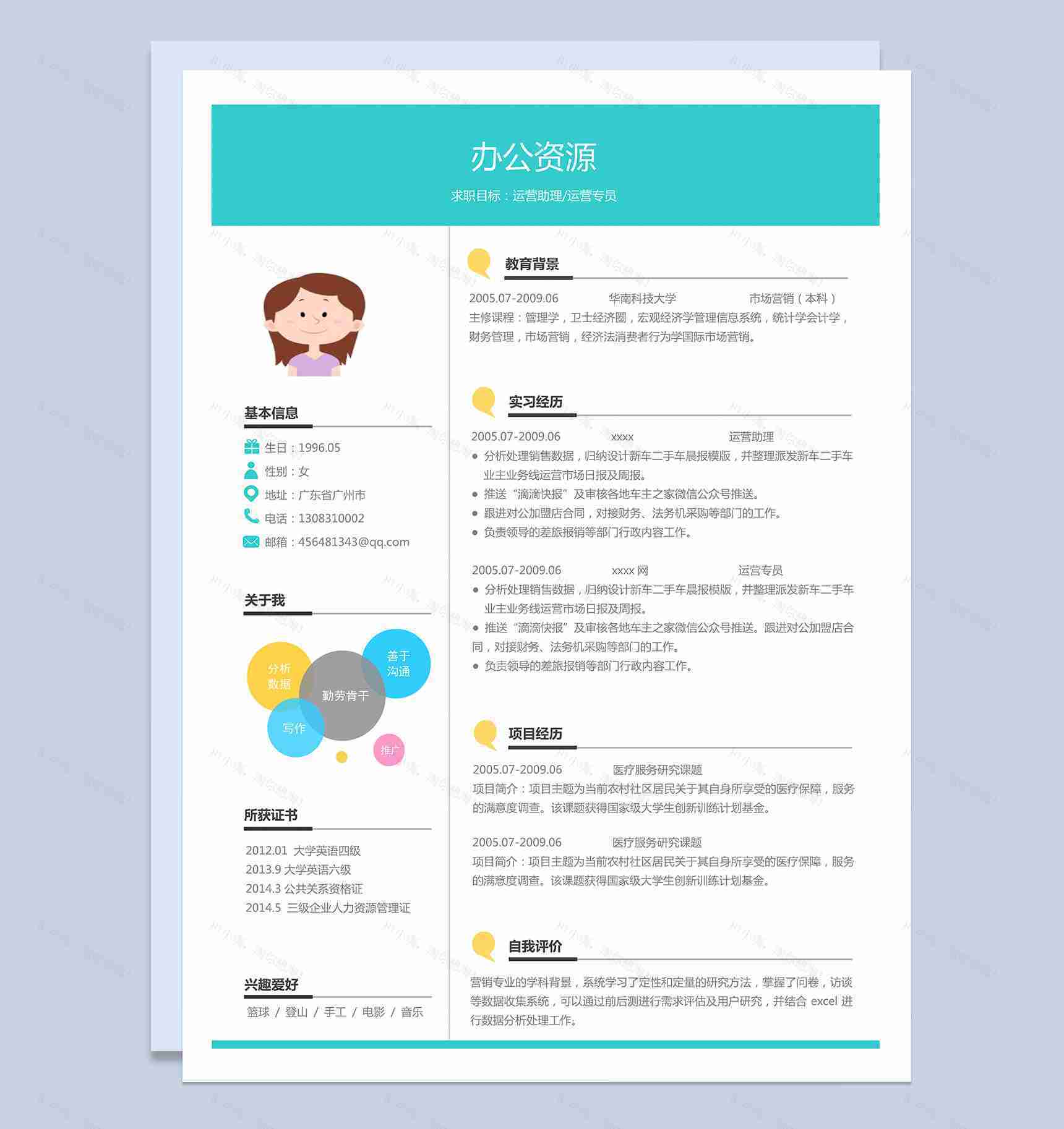 简单绿色运营专员毕业生毕业求职简历Word模板-1