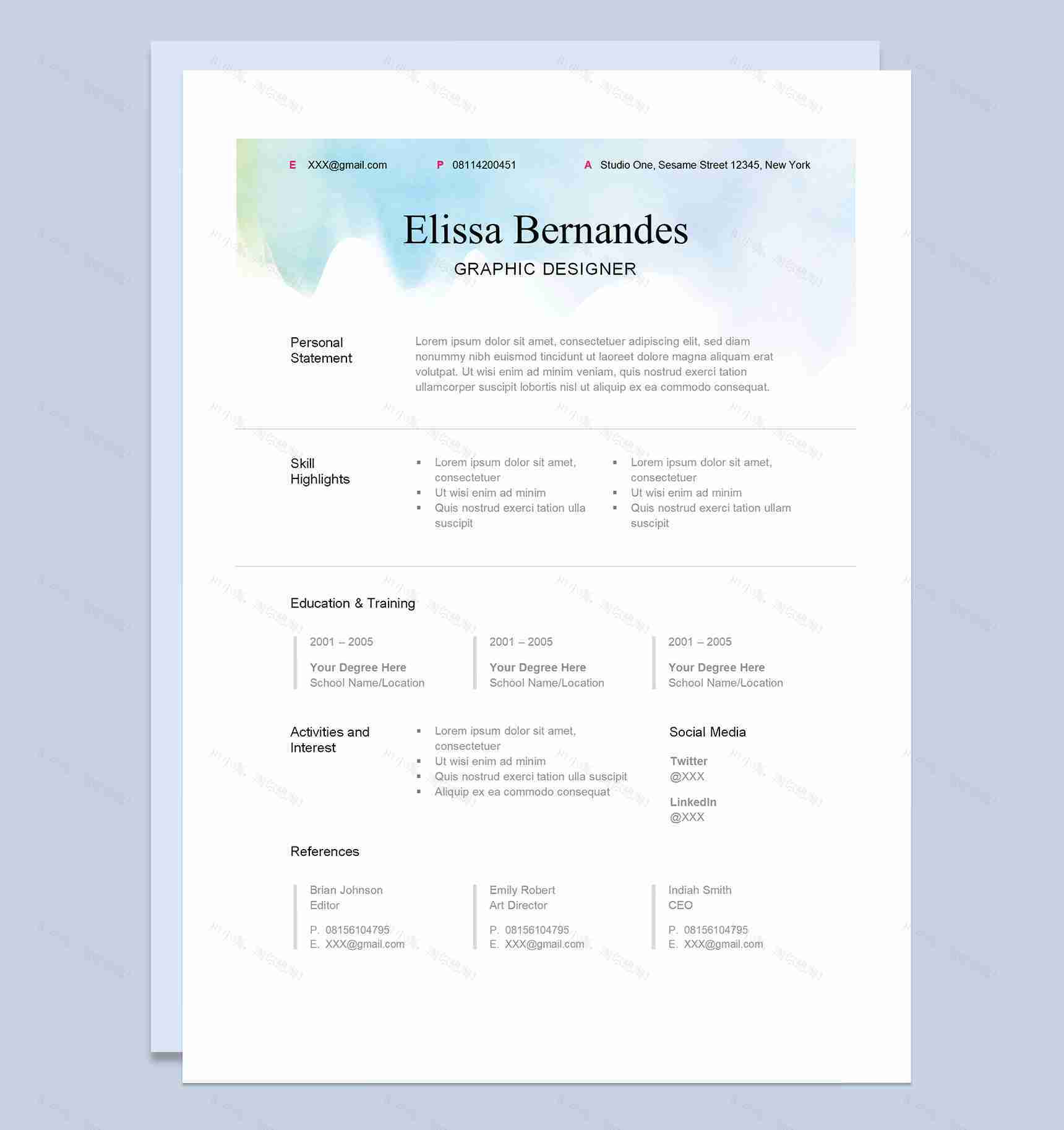 清新商务风外企平面设计师通用求职简历求职信个人简历Word模板-1