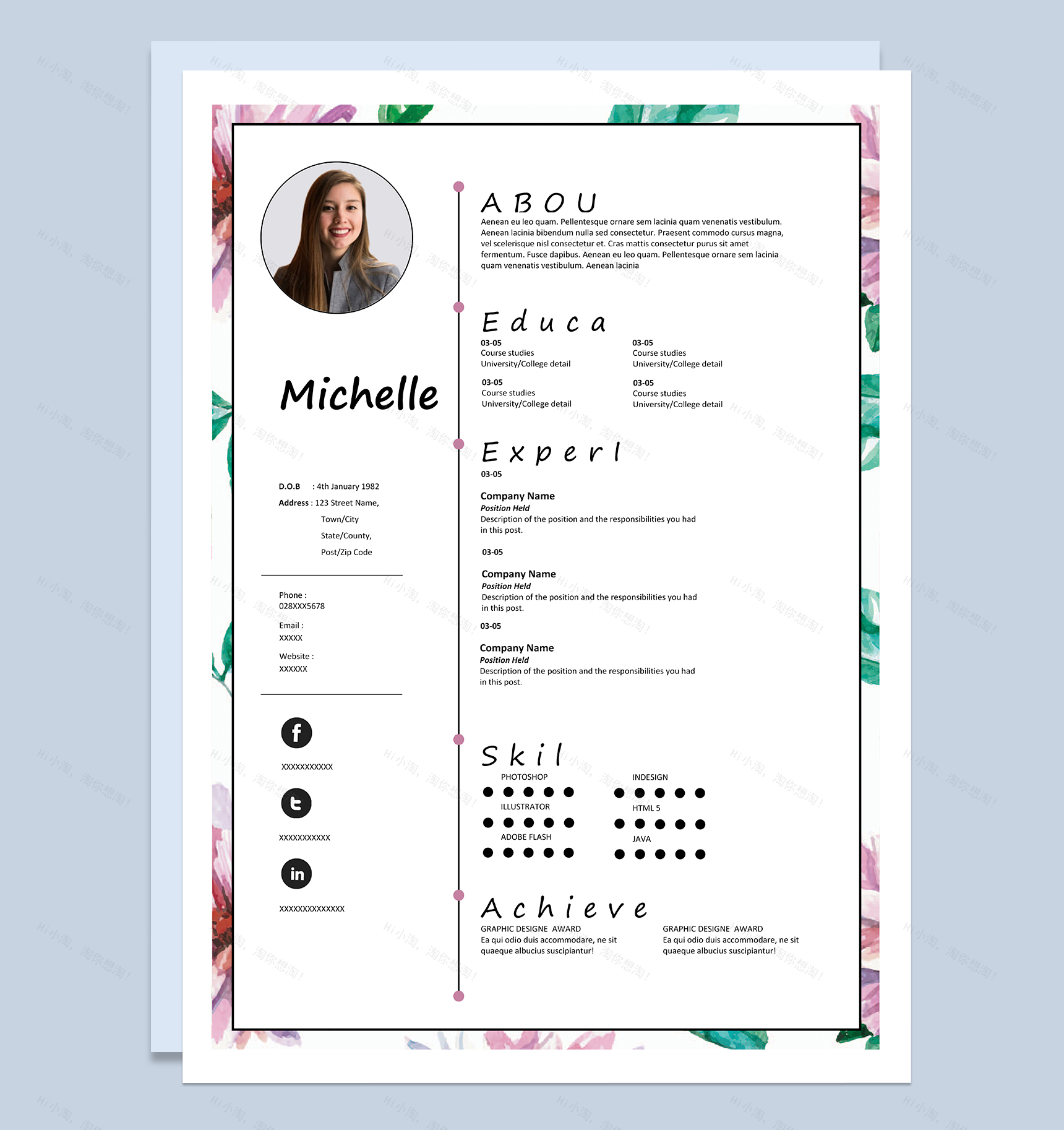 清新唯美教师助理相关岗位个人通用英文简历Word模板-1