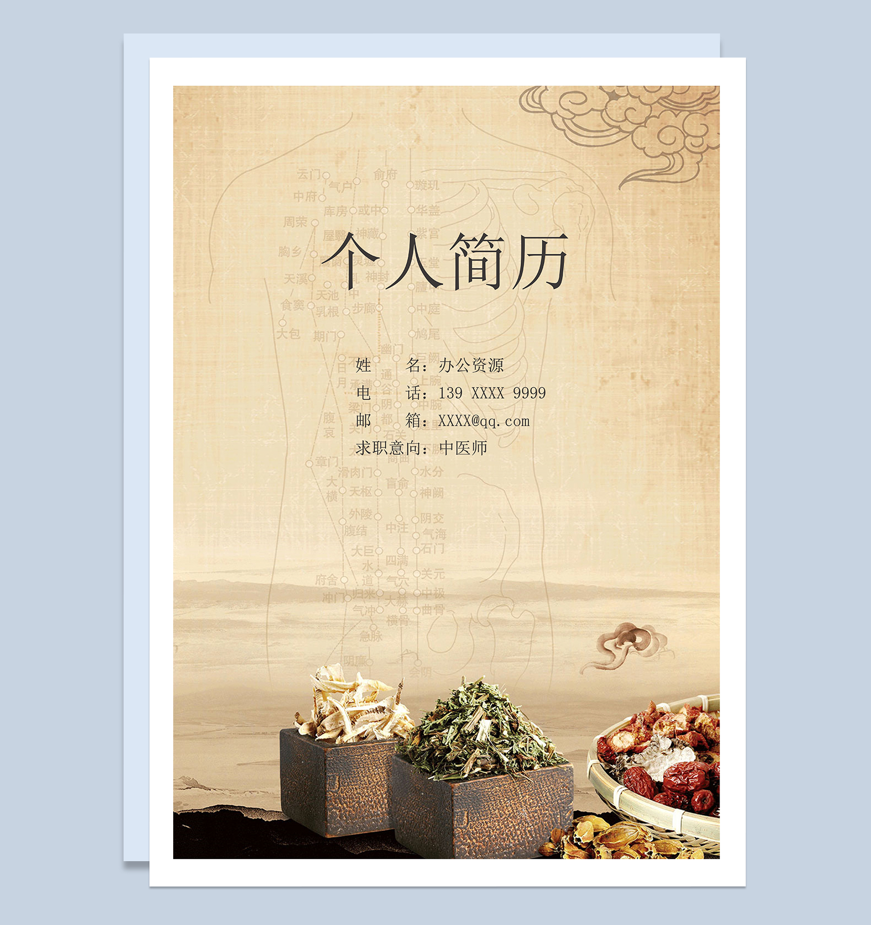 创意个性中医师岗位个人应聘简历表格Word模板