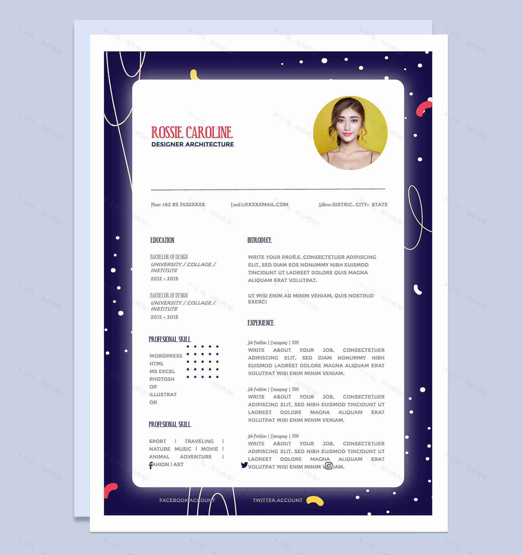 紫色创意商务风格个人应聘英文简历Word模板-1