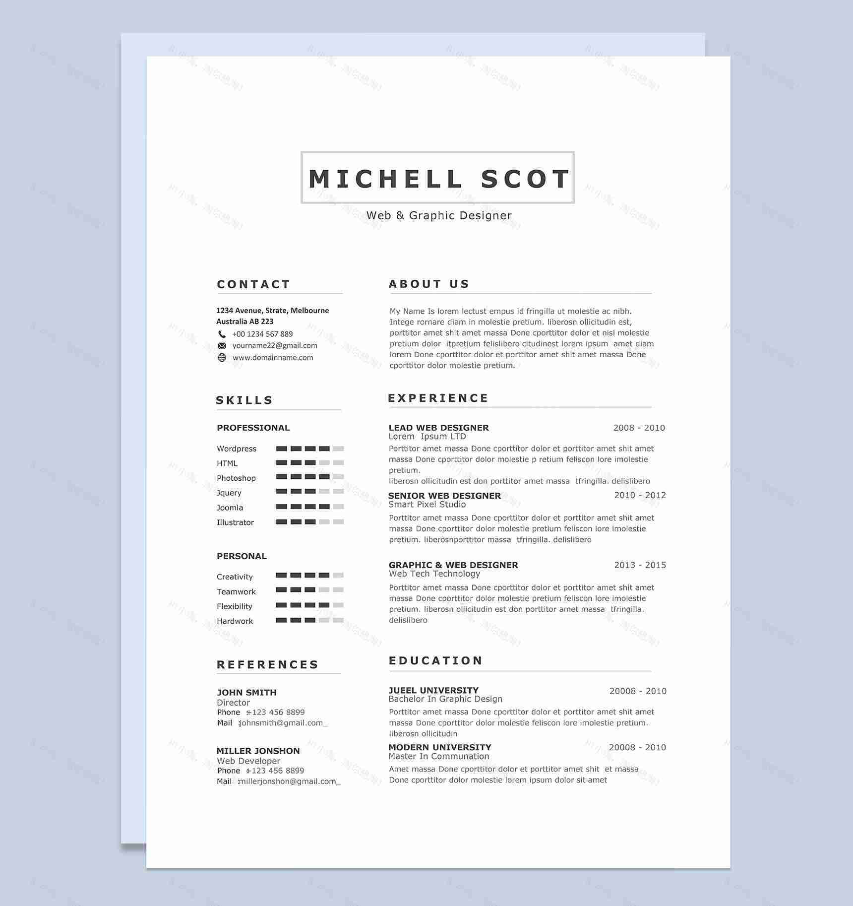 简约欧美风网页设计师和平面设计师通用个人简历求职简历Word模板-1