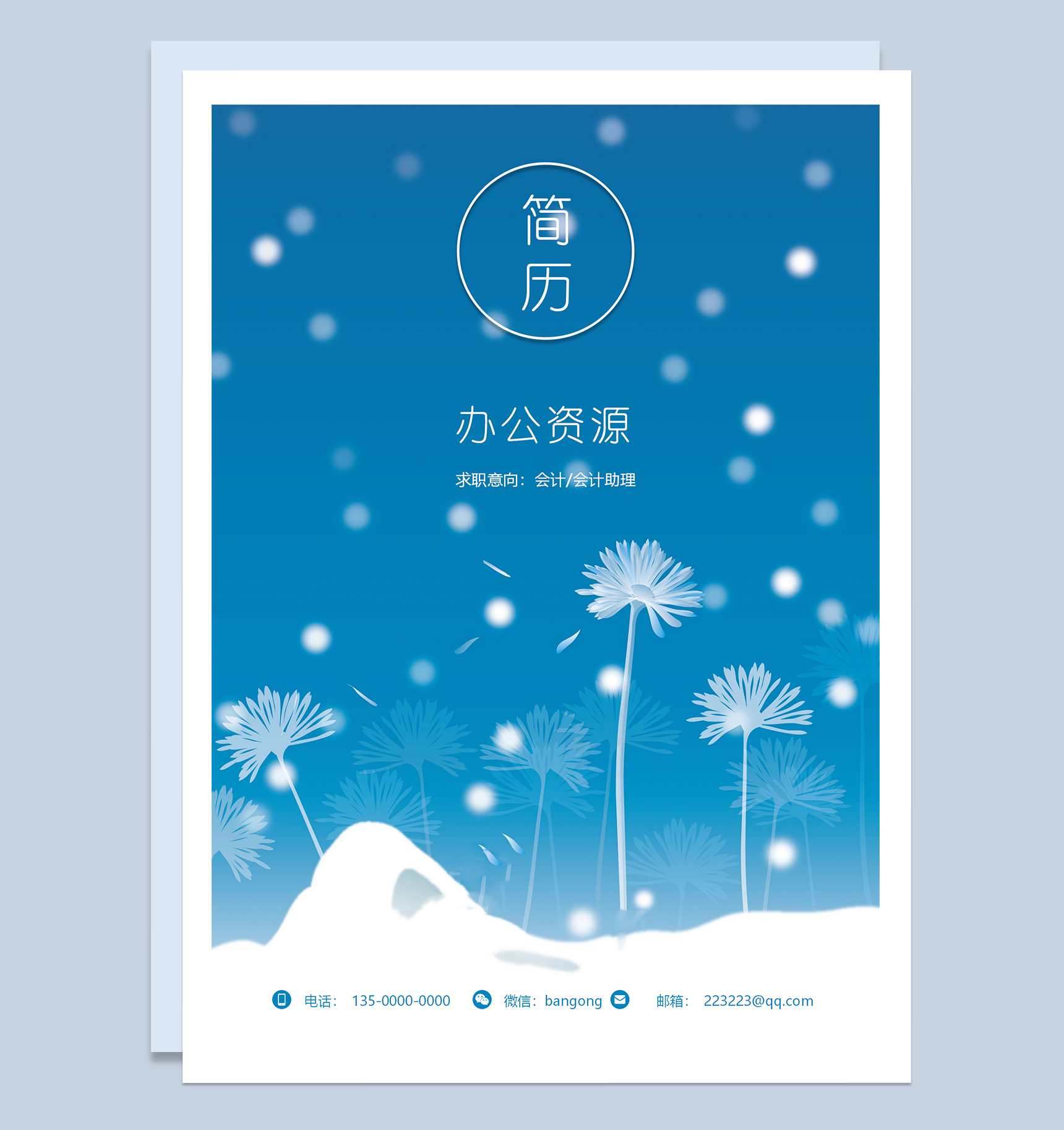 雪花简约成套会计助理求职应聘简历Word模板