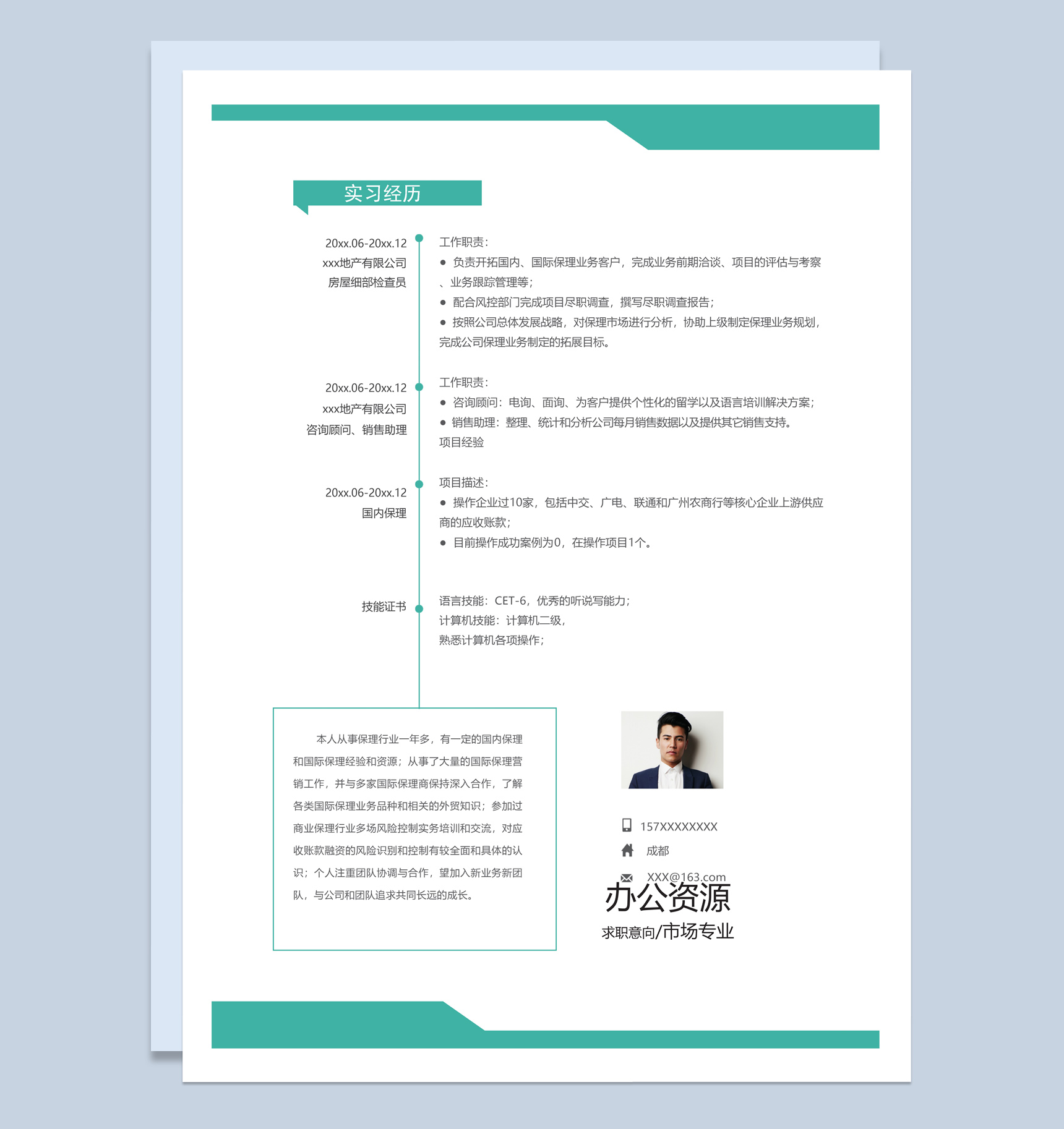 绿色简约风格市场专业个人求职简历Word模板