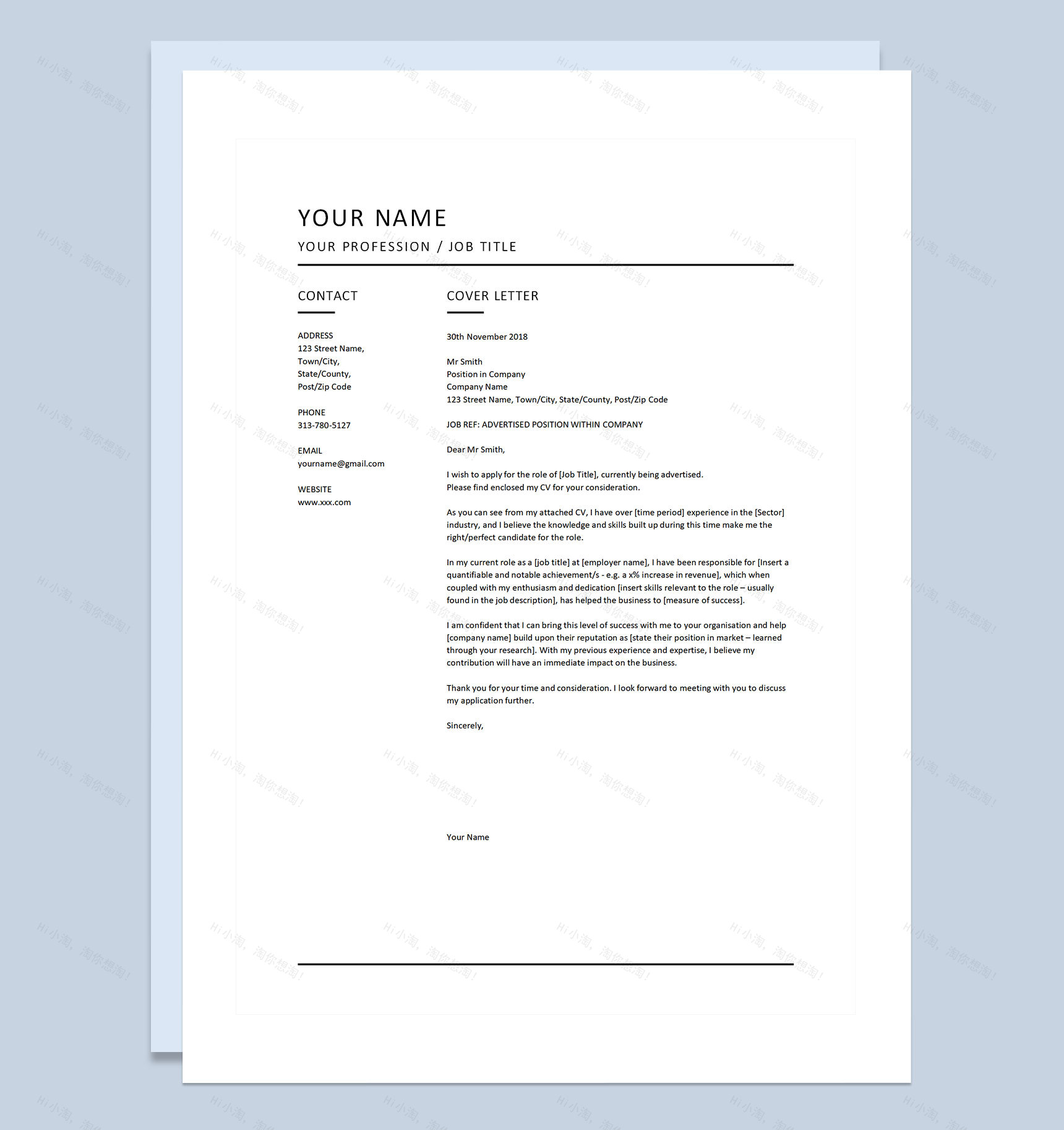 极简风外企岗位求职通用英文简历个人简历自荐信Word模板-2