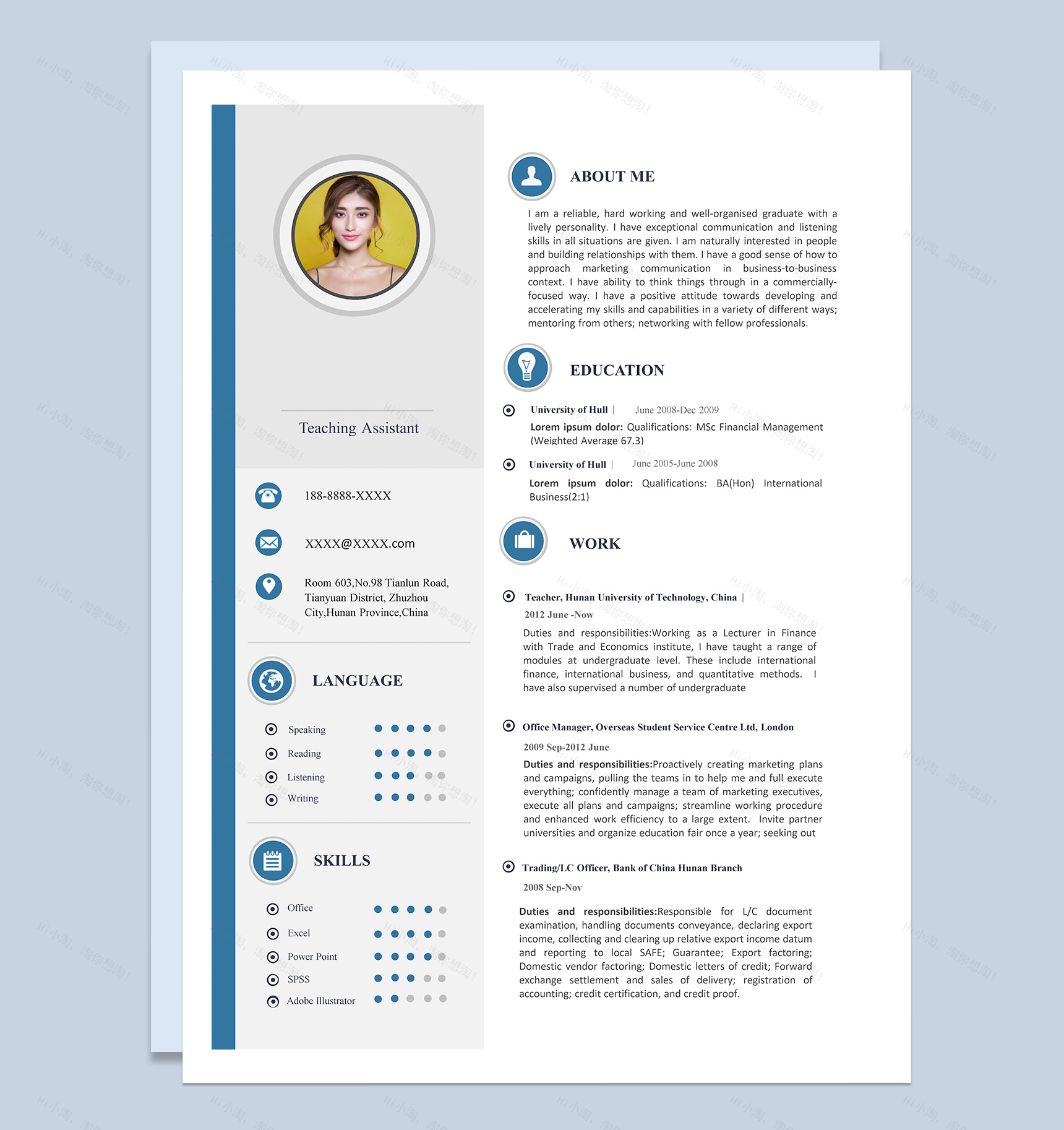 蓝色商务风格大学助教岗位个人求职英文简历Word模板-1