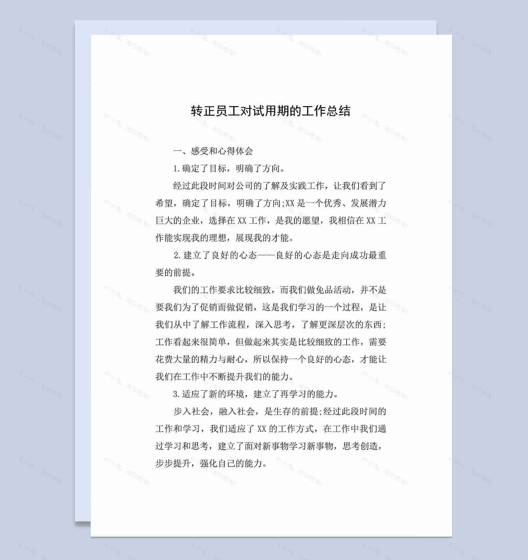 转正员工对试用期的工作总结年终总结Word模板-1