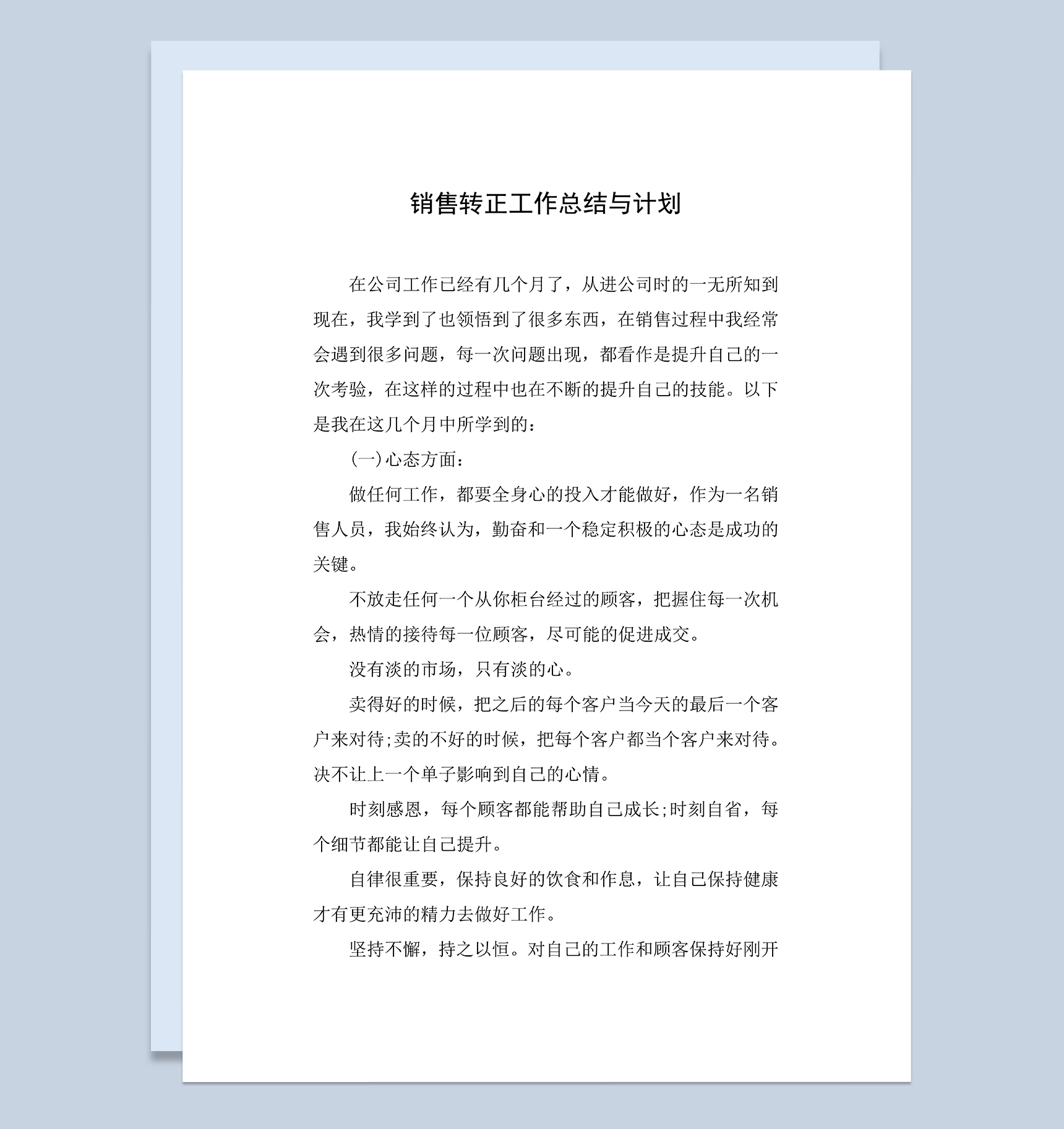 全面系统销售年终转正工作总结与计划Word模板
