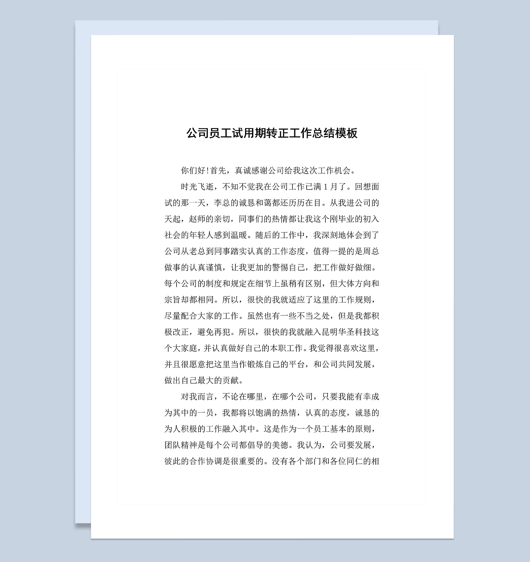 全新整理的公司员工试用期转正工作总结Word模板