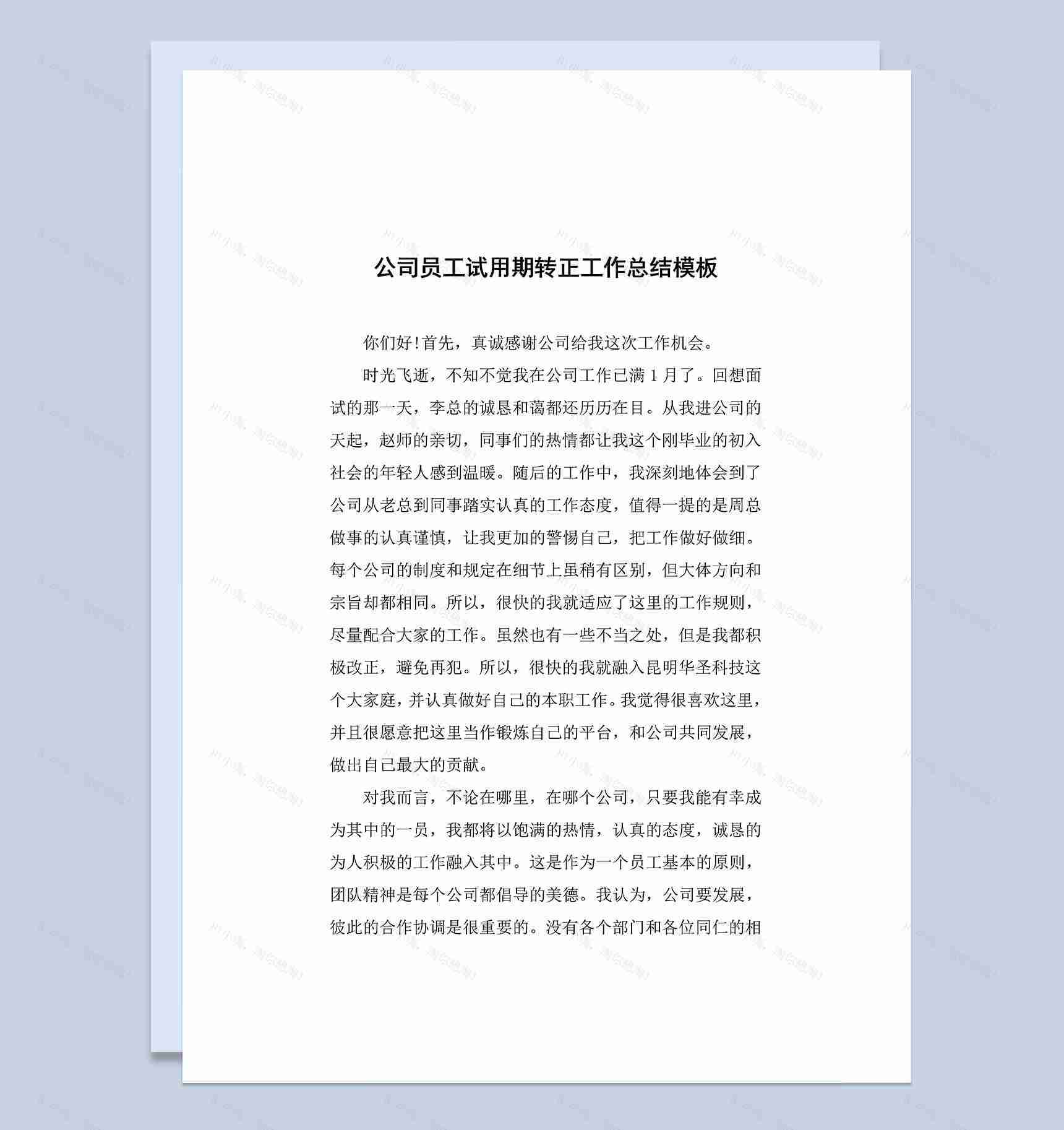 全新整理的公司员工试用期转正工作总结Word模板-1