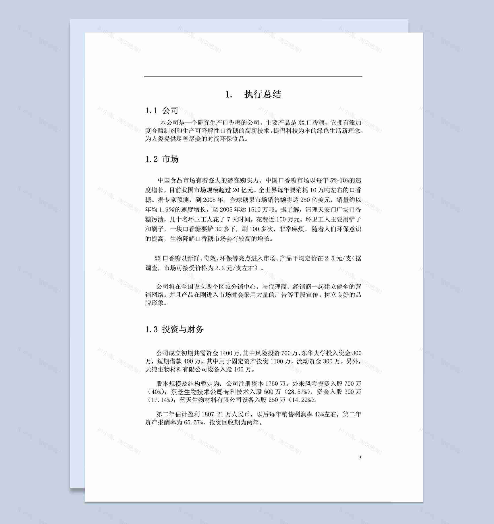 XX口香糖有限责任公司项目商业计划书Word模板-1