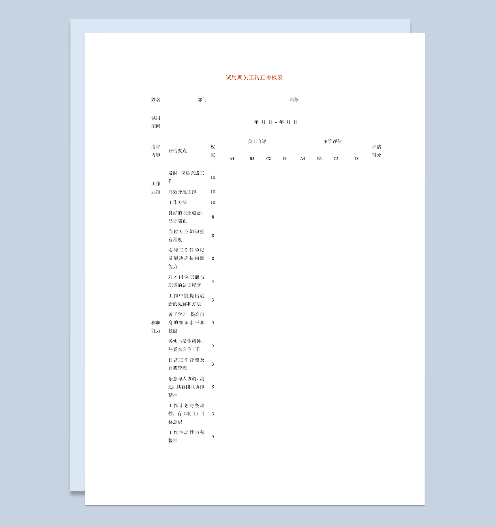 单位试用期员工转正考核表Word模板
