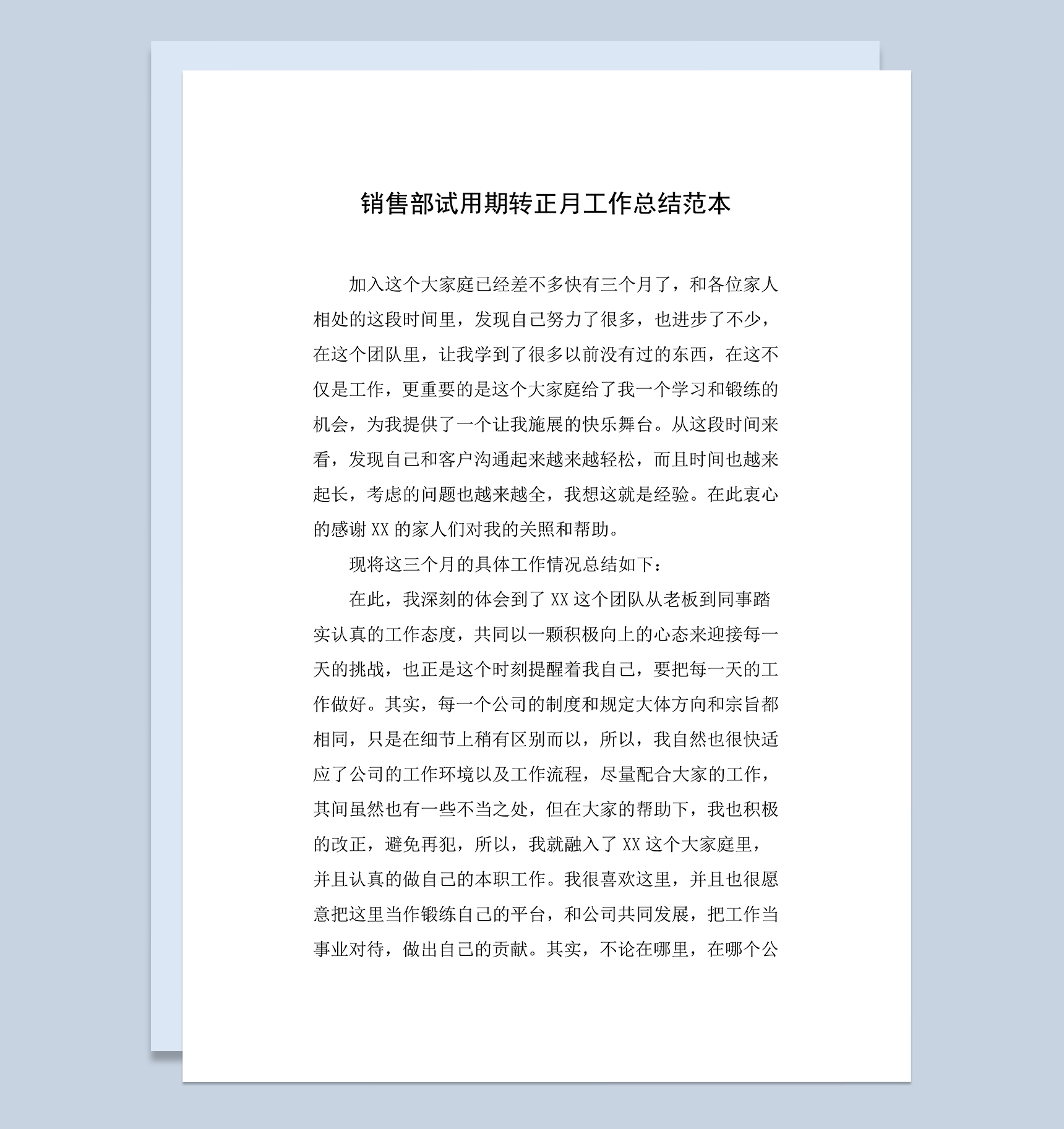 销售部试用期转正月工作年终总结范本Word模板