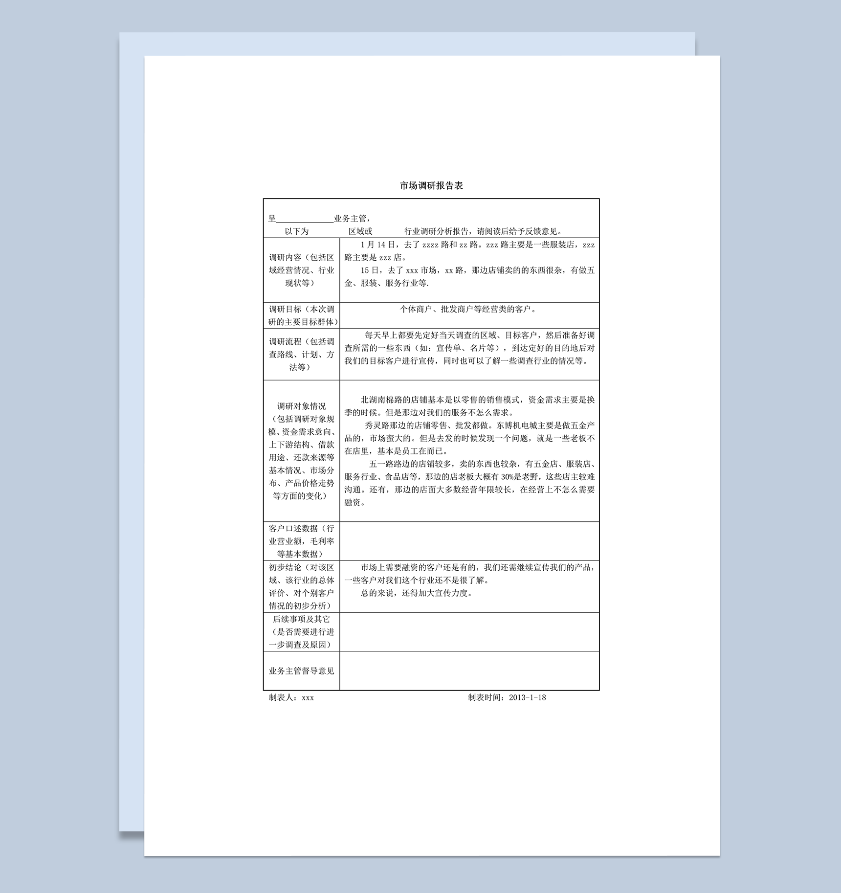 市场经营状况调研流程设计报告表word模板