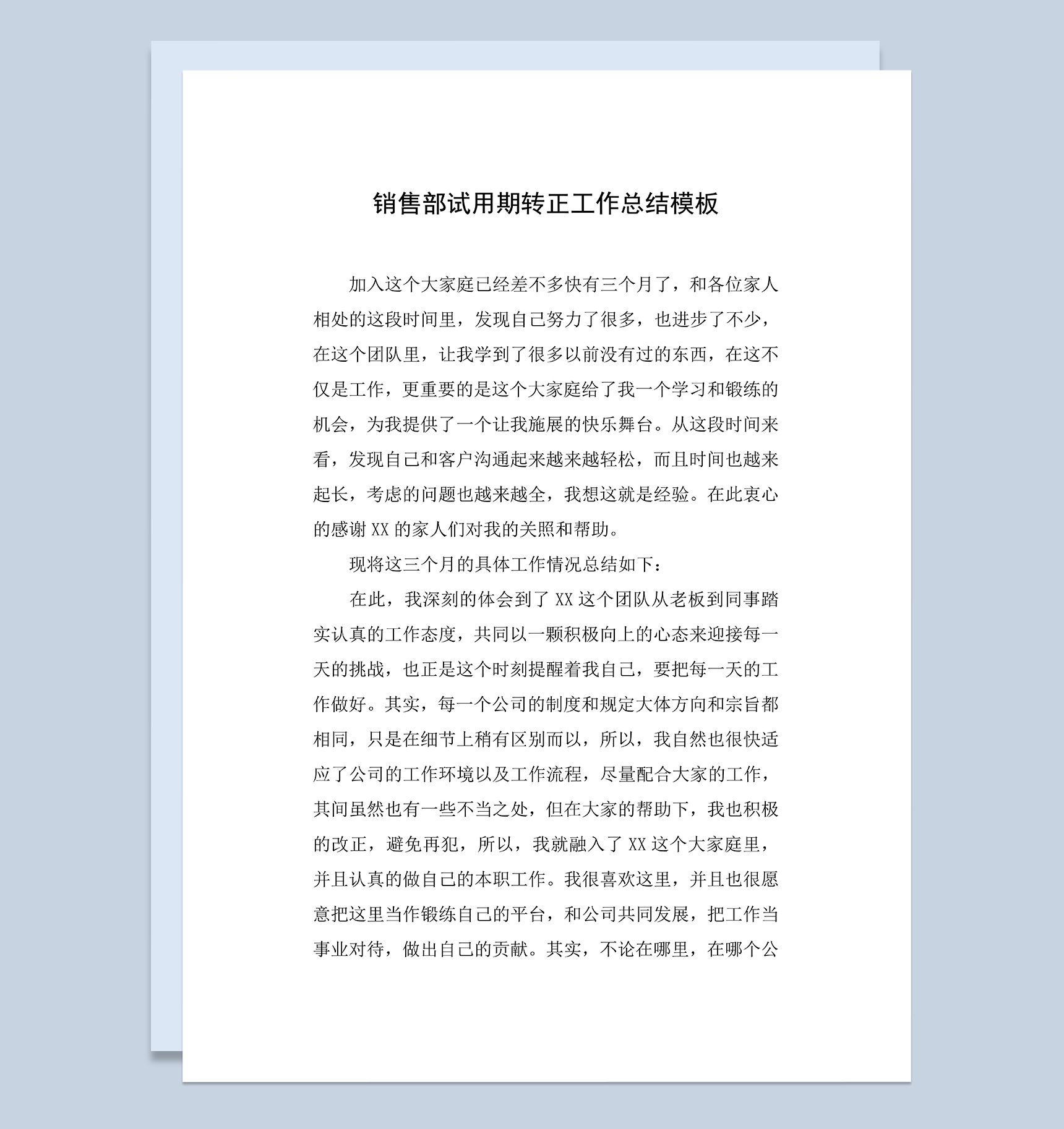 系统完整销售部员工试用期转正年终工作总结Word模板