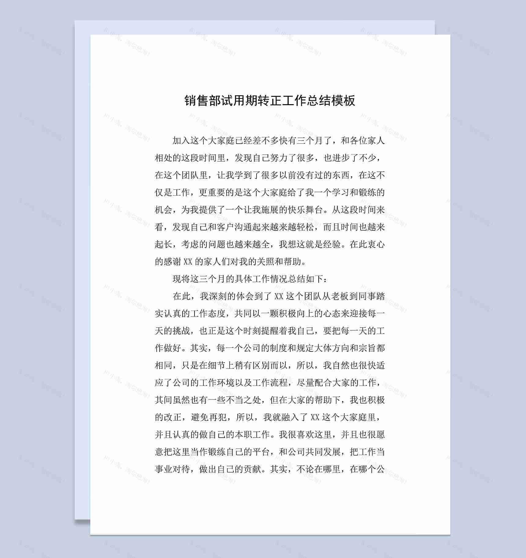系统完整销售部员工试用期转正年终工作总结Word模板-1