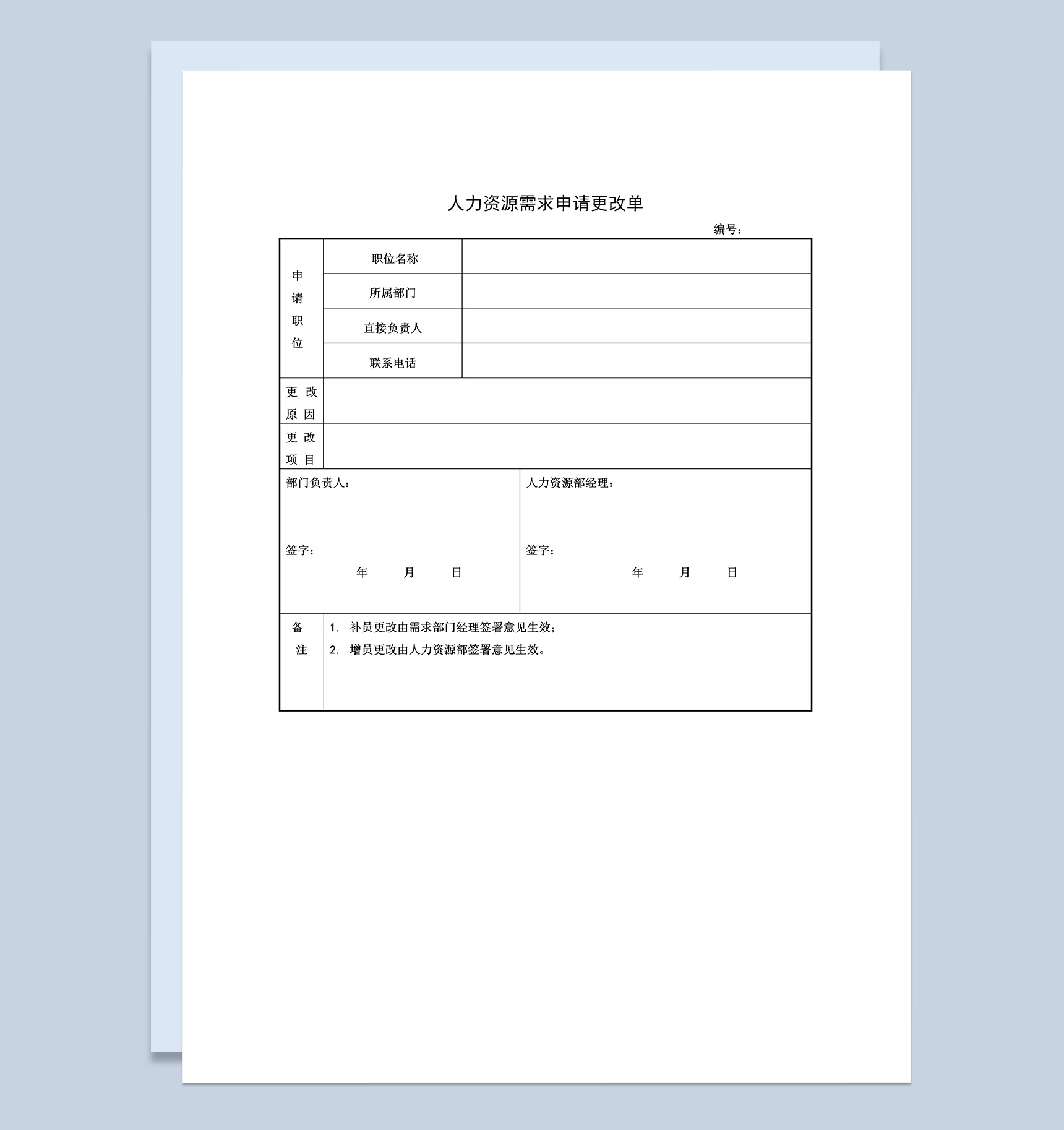 人力资源招聘需求申请更改单Word模板