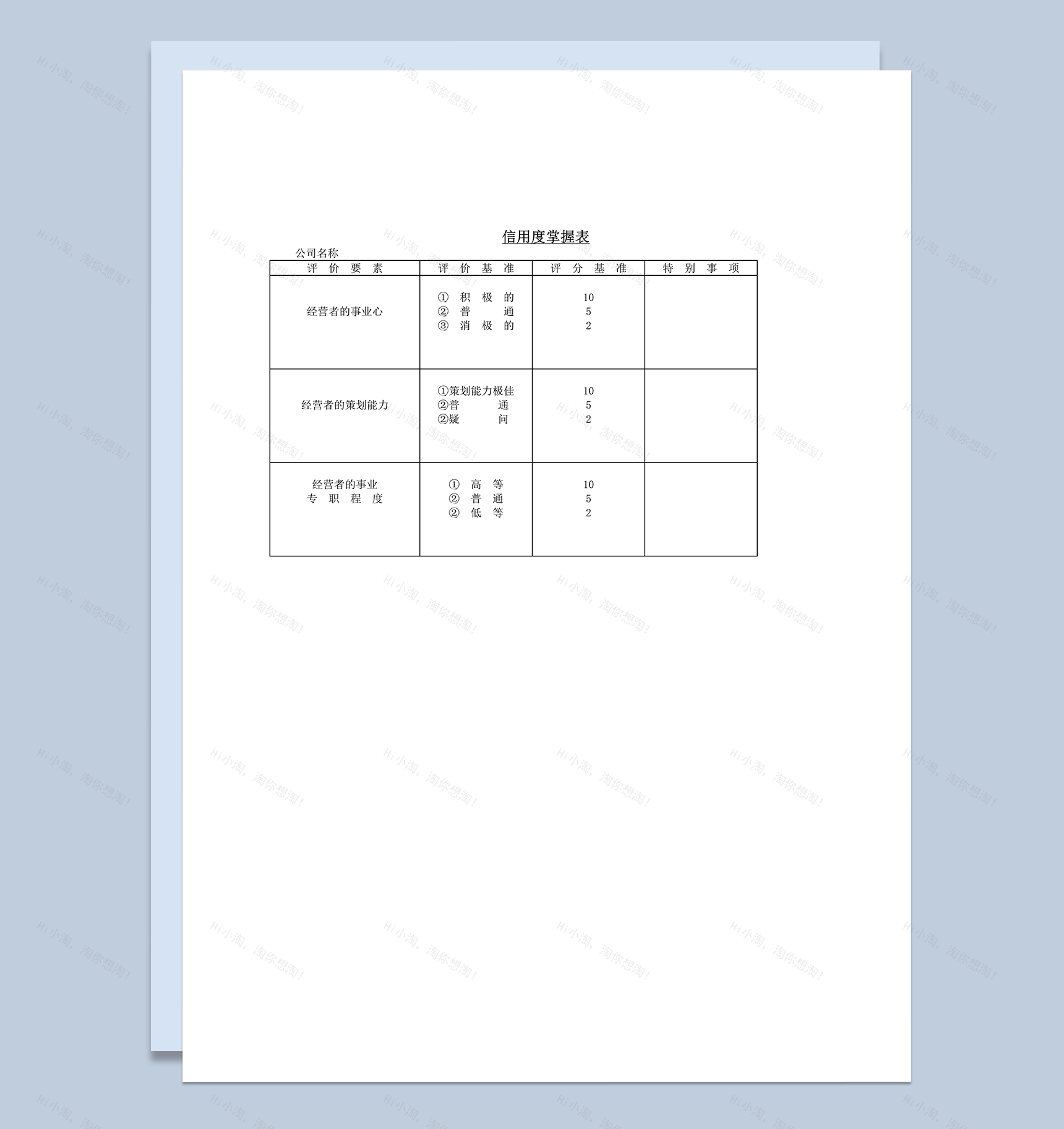 信用度掌握表word模板-1