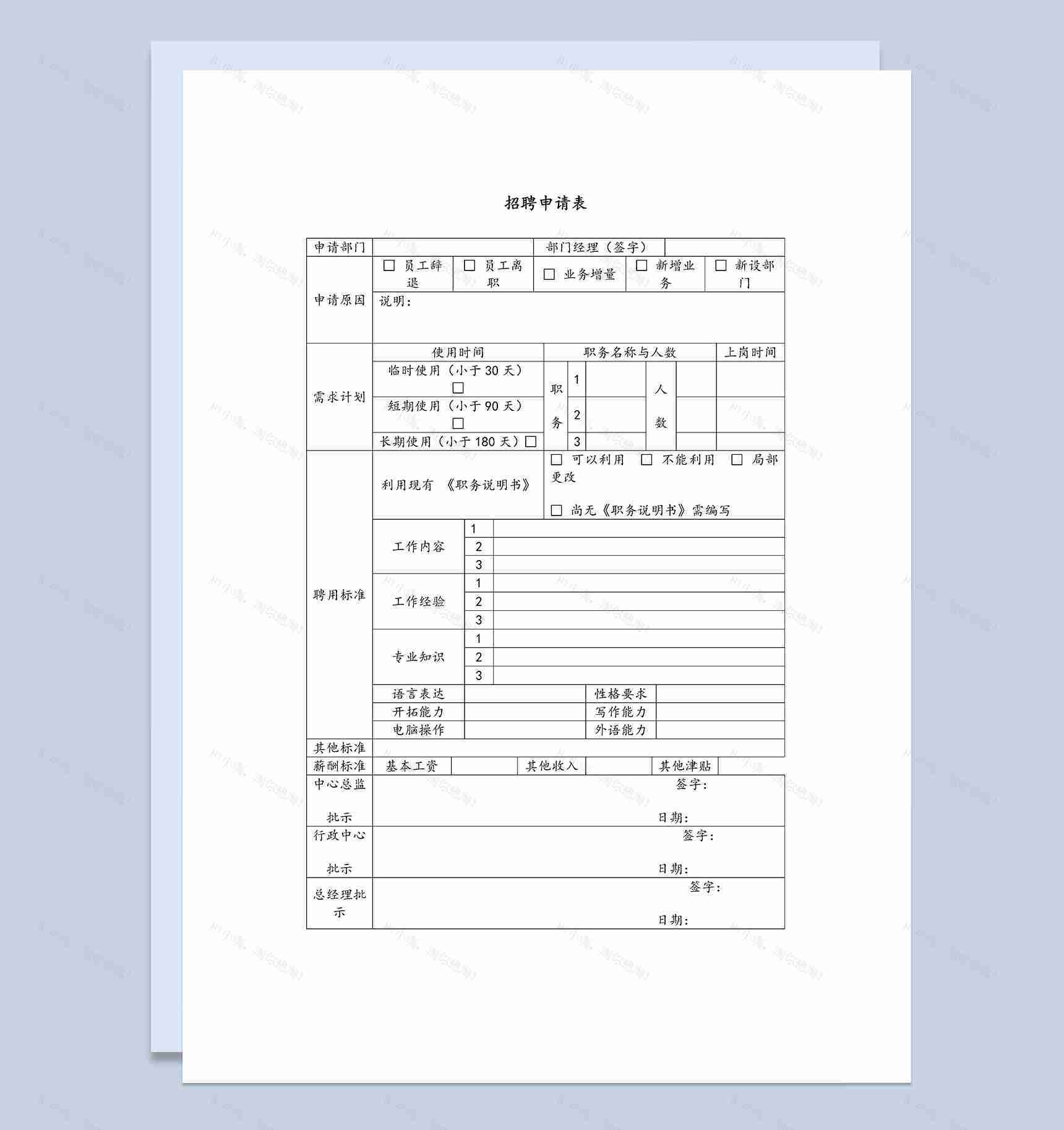企业员工招聘需求申请表Word模板-1