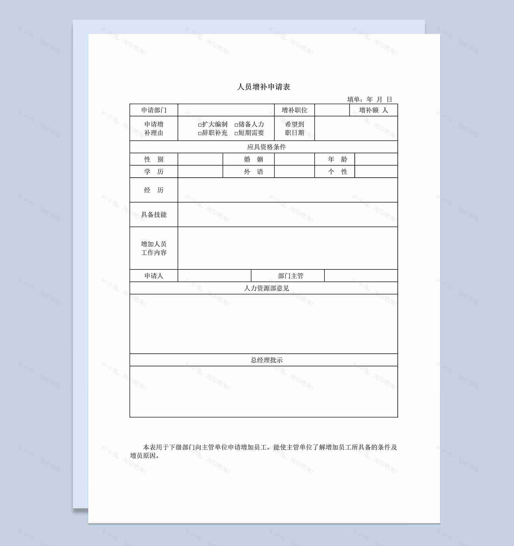 公司部门人员增补申请表范本Word模板-1