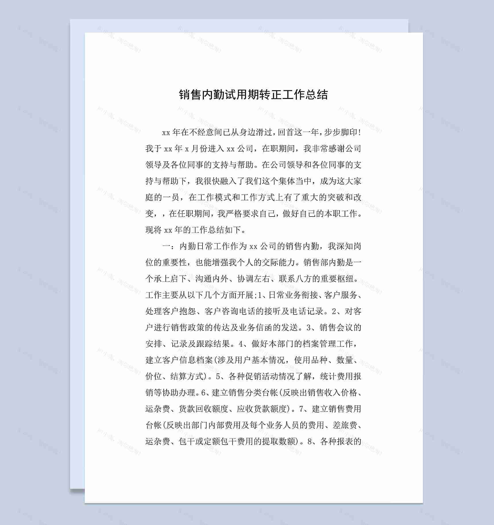 系统完整销售内勤试用期年终转正工作总结Word模板-1