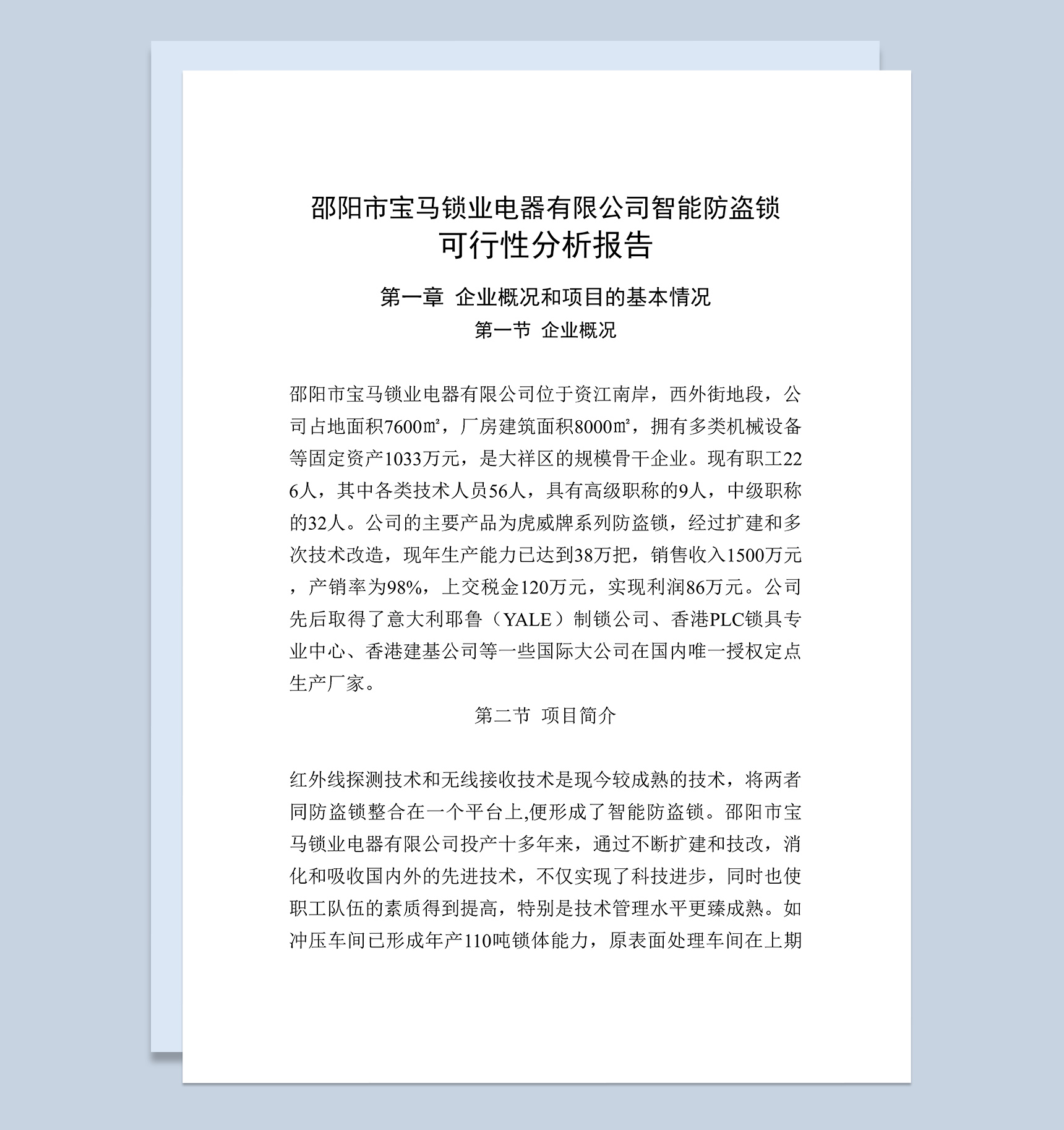 锁业电器有限公司智能防盗锁项目可行性报告Word模板