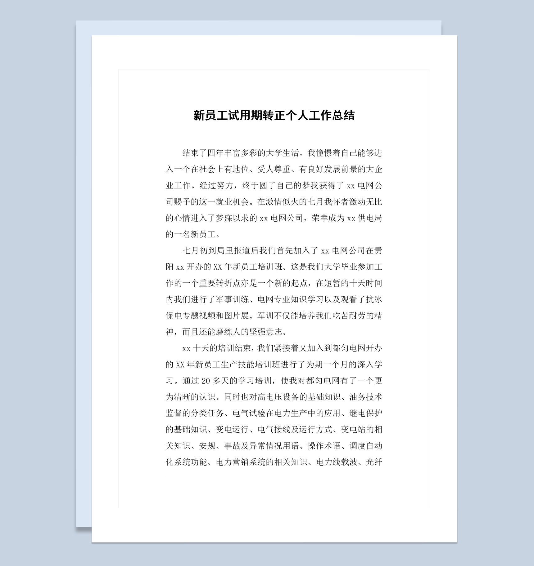 新员工试用期转正个人工作总结范本Word模板
