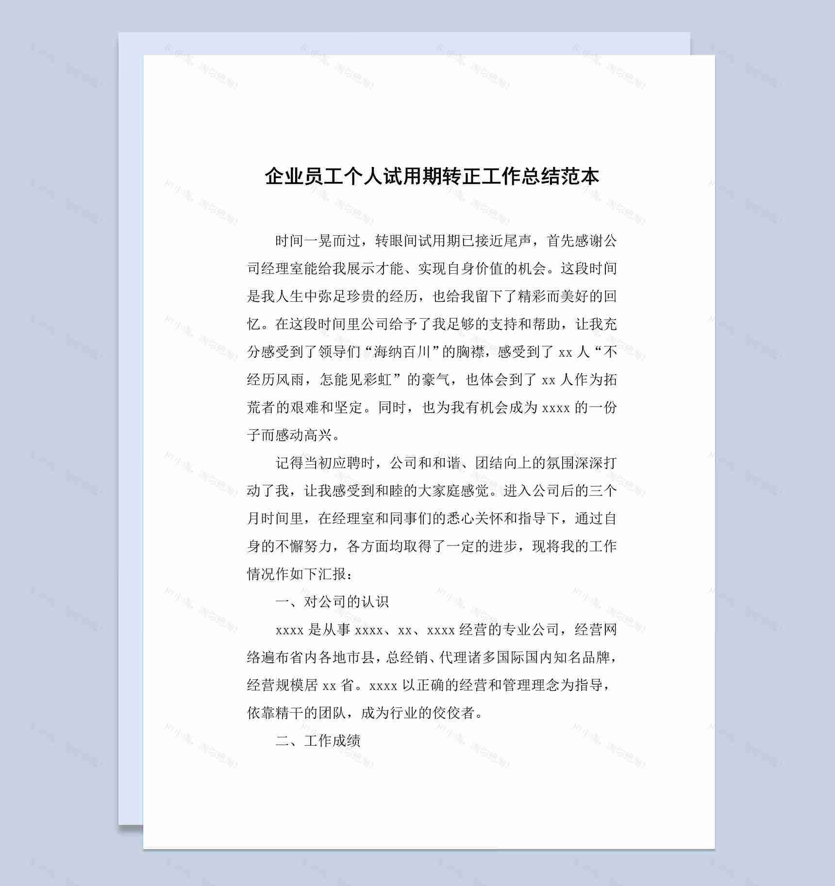 企业员工个人试用期转正工作总结汇报Word模板-1