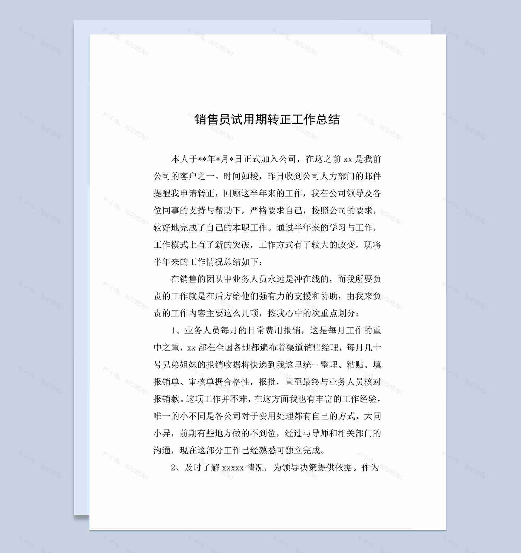 白色通用销售员试用期年终转正工作总结Word模板-1
