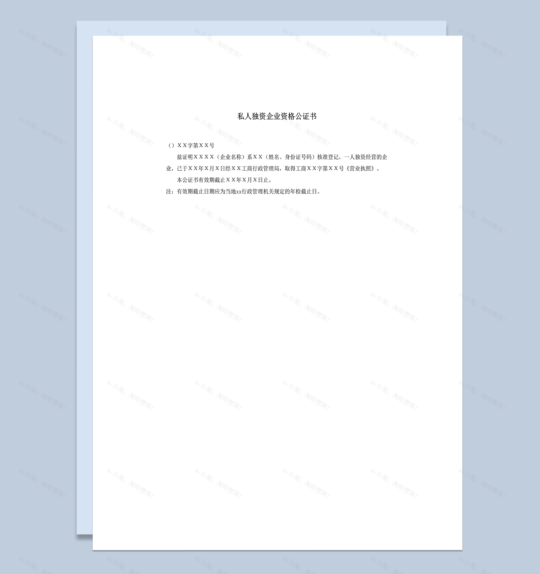 私人独资企业资格公证书word模板-1