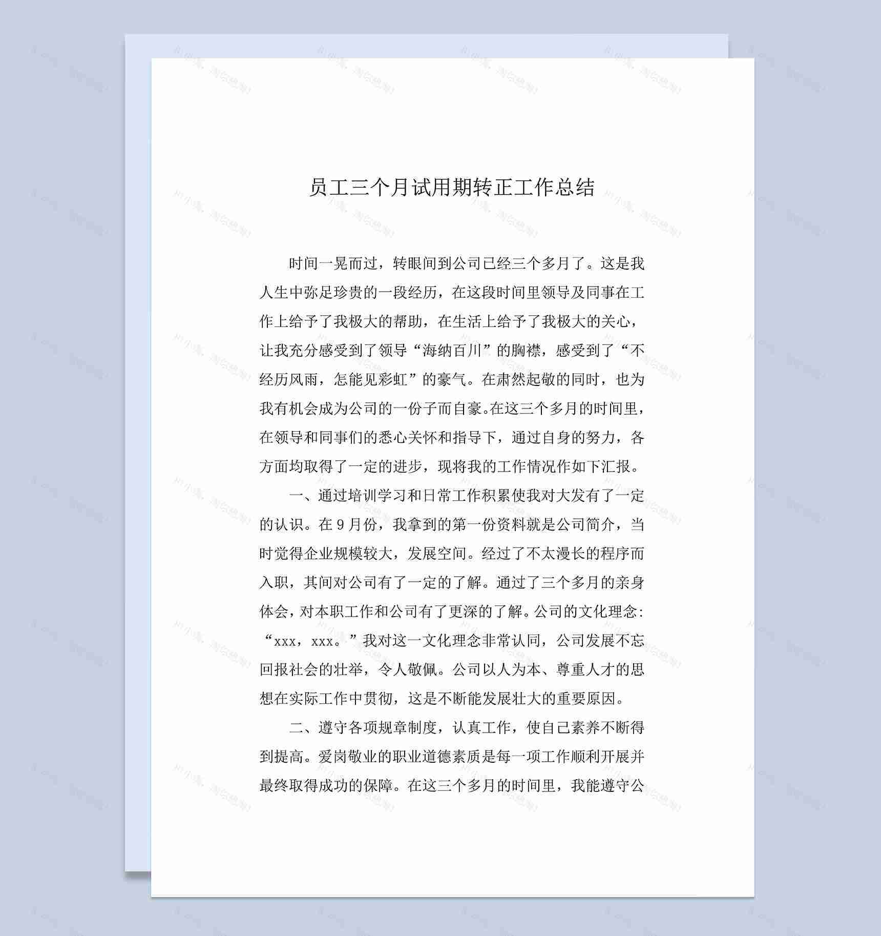 员工三个月试用期转正工作总结年终总结Word模板-1