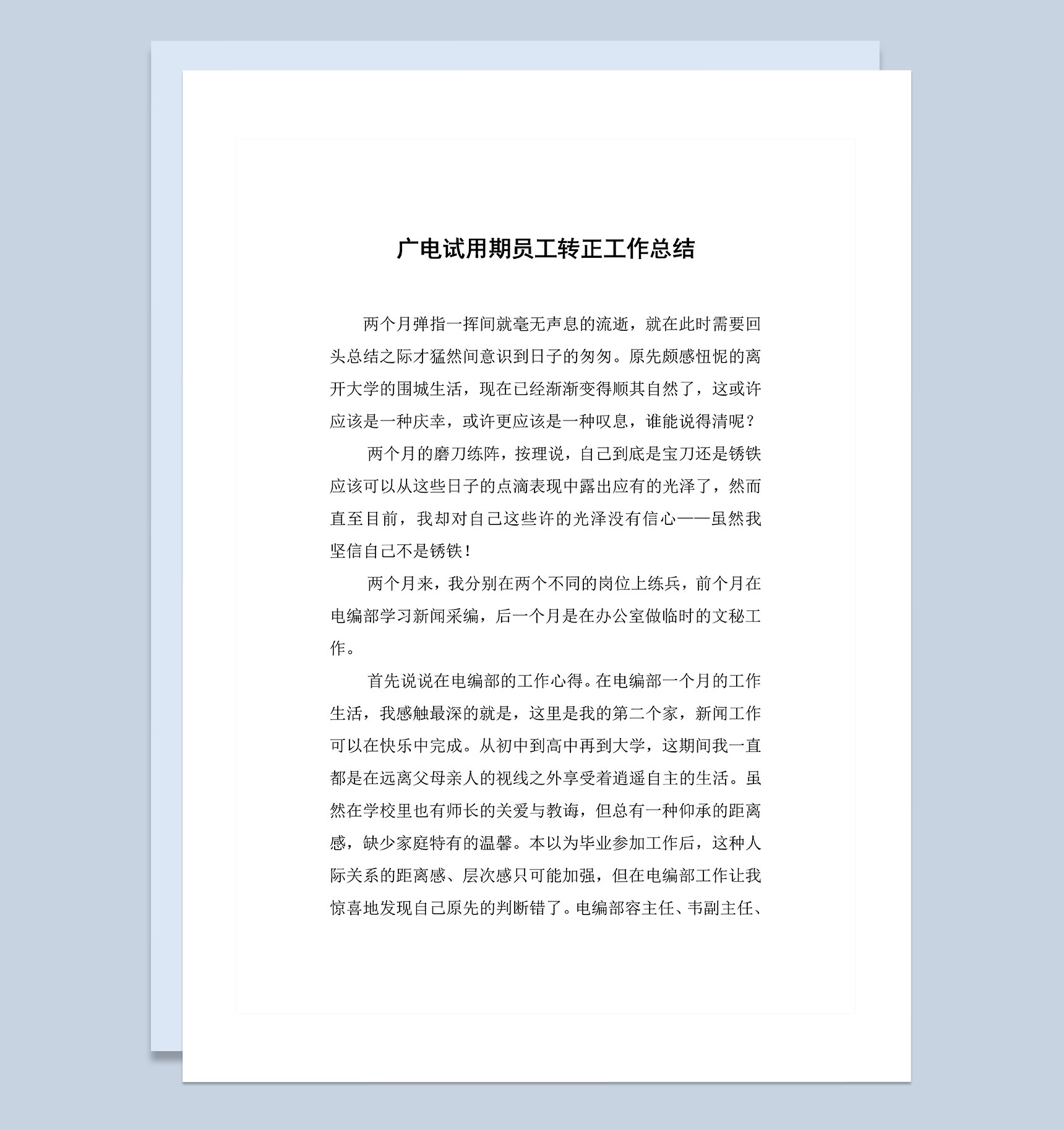 广电试用期员工转正个人工作总结范本Word模板