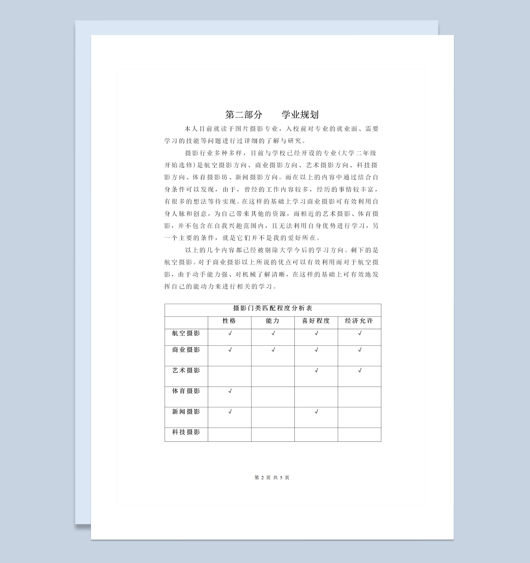 图片摄影专业通用大学生个人职业生涯规划书Word模板