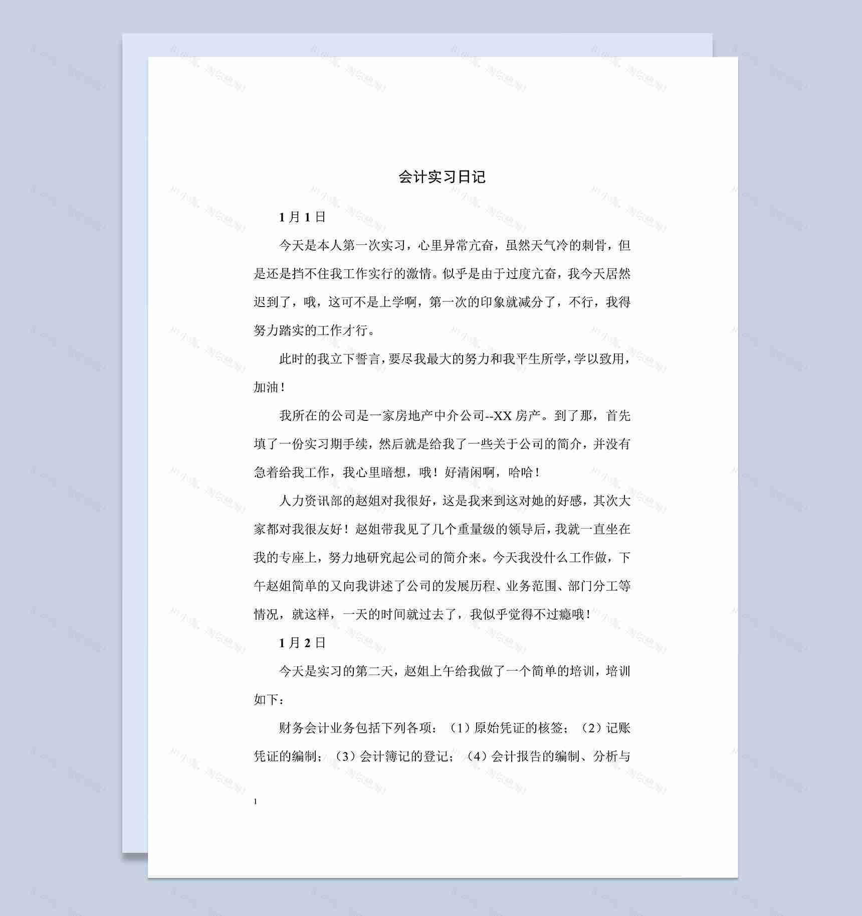 XX房产会计文员实习日记财务会计专业实习日志Word模板-1