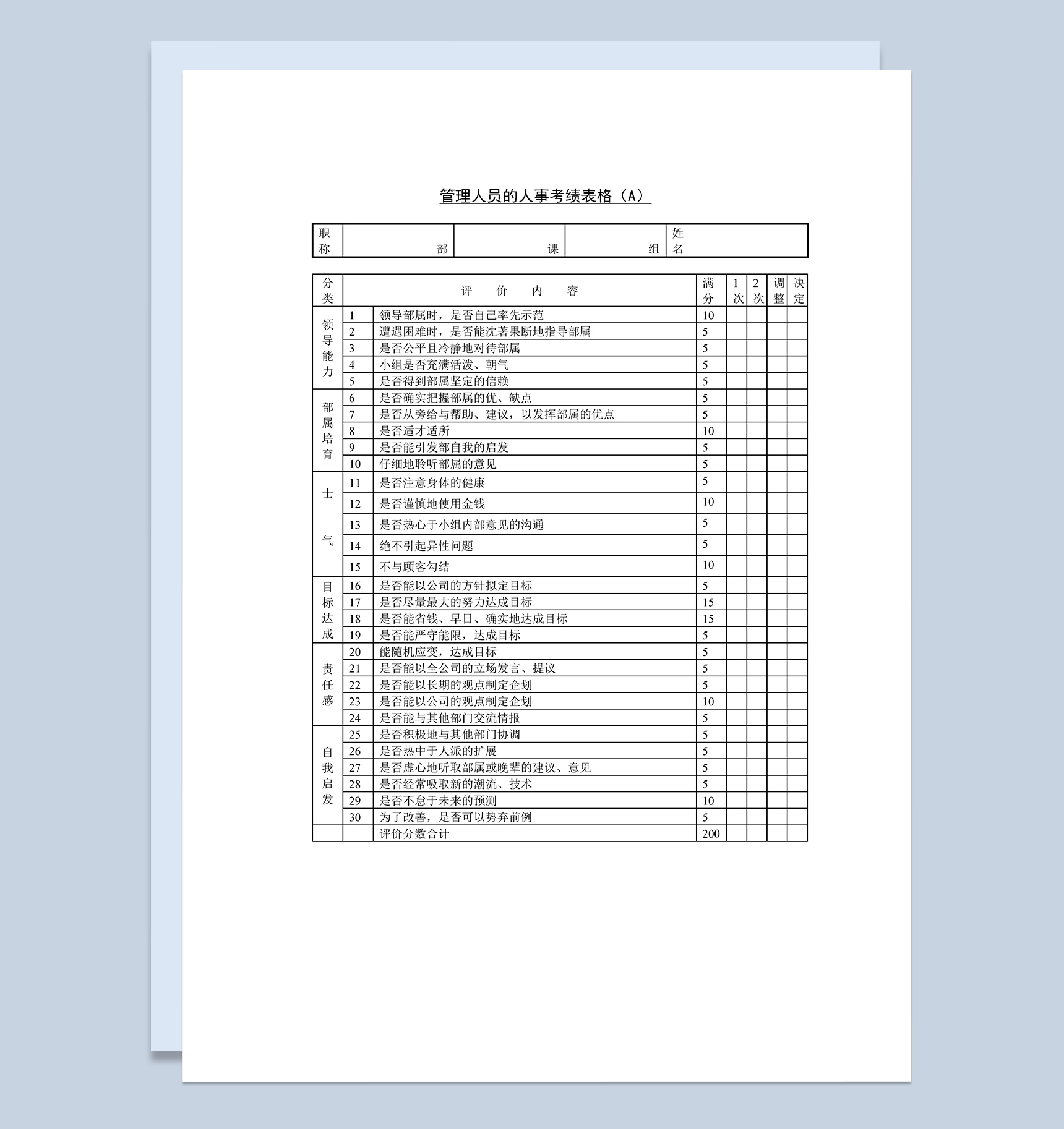 管理人员的人事考绩表格A表Word模板