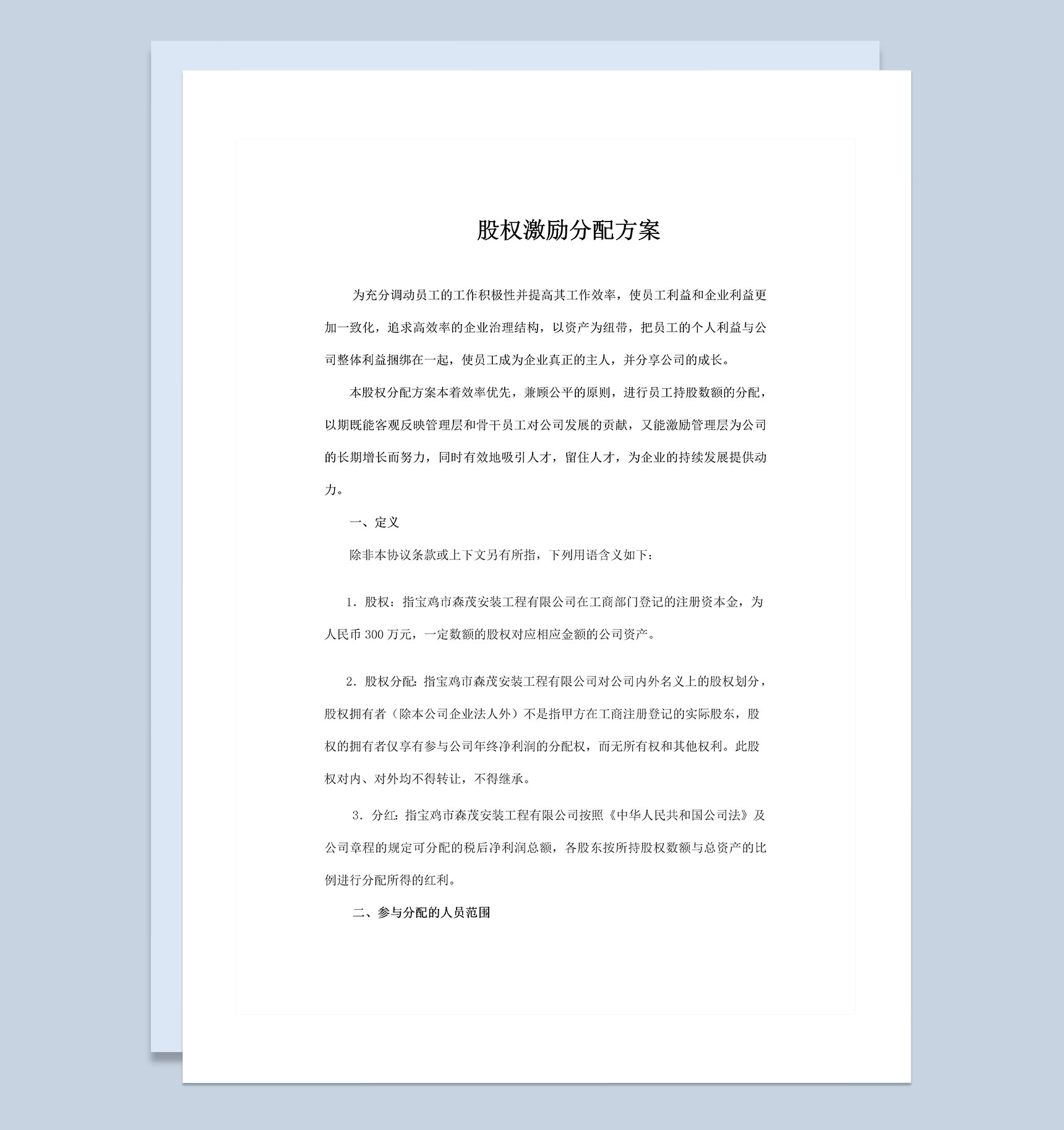 私人企业公司通用公司股权分配方案范本Word模板