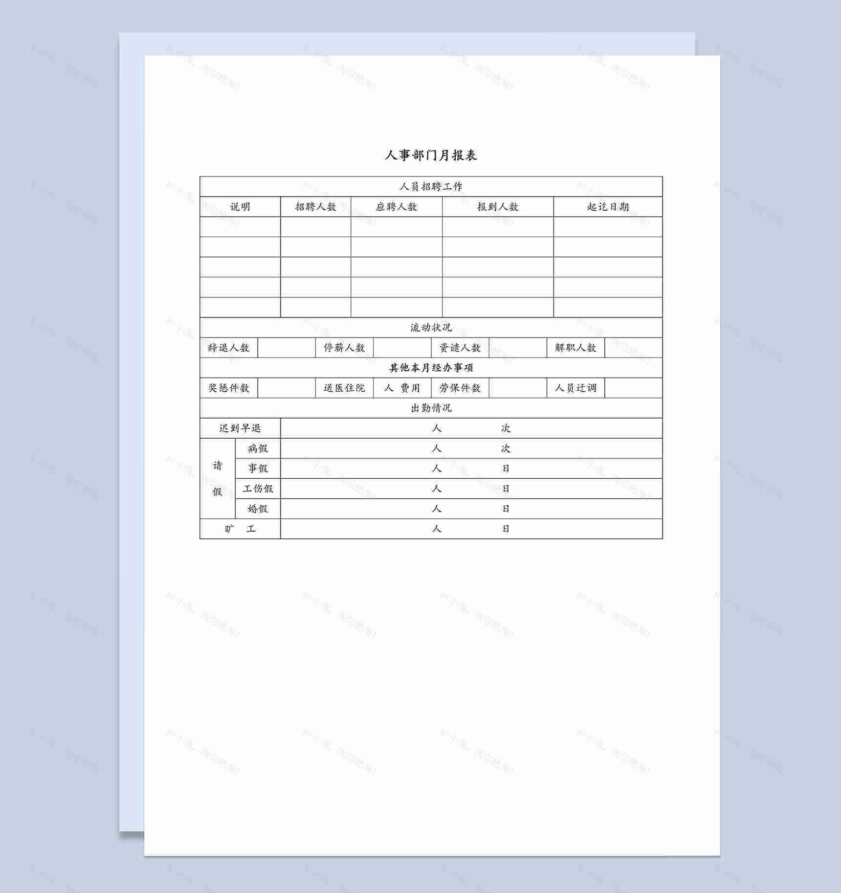 公司人事部门月度工作总结报告表Word模板-1