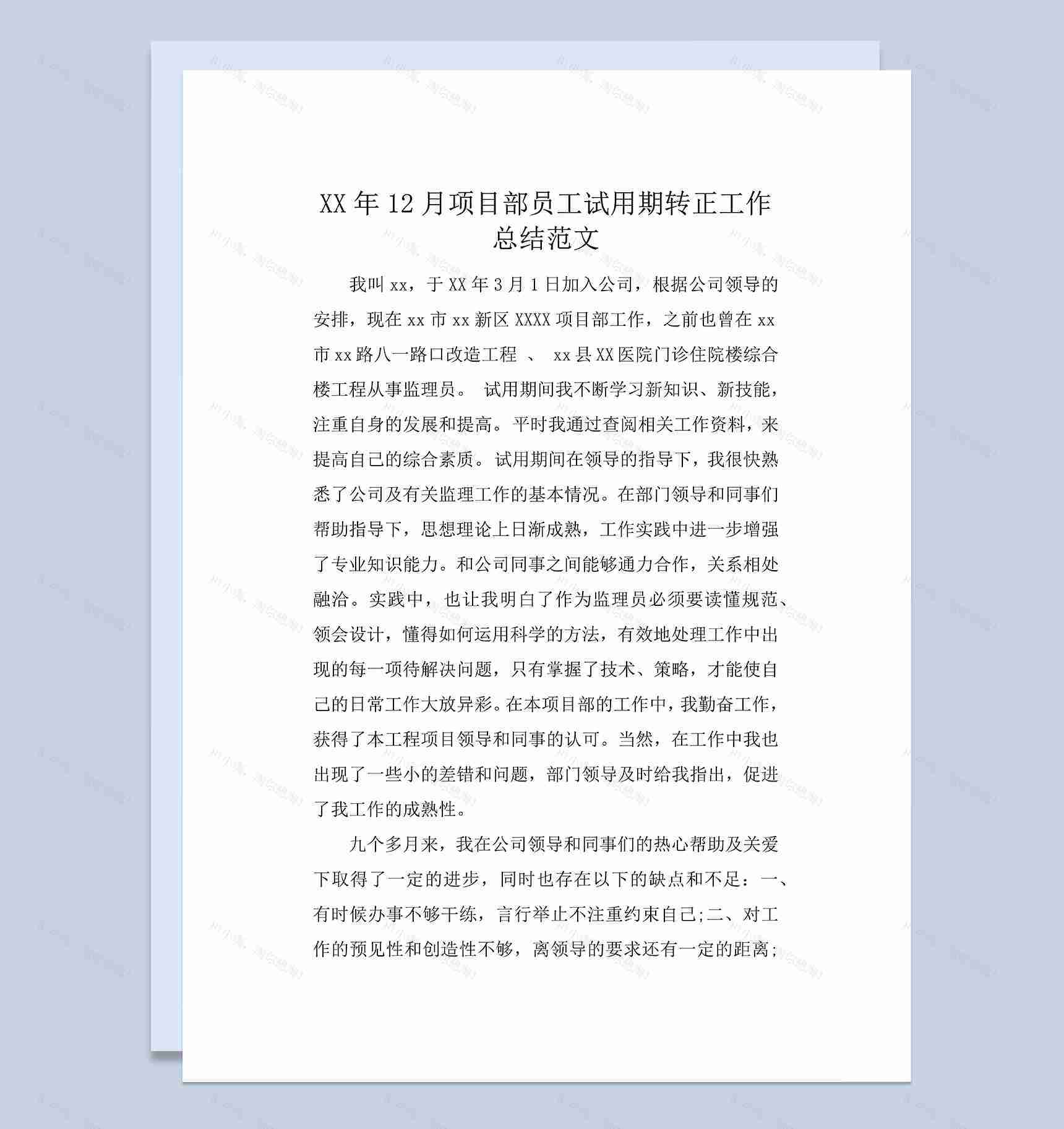 项目部员工试用期转正工作总结年终总结Word模板-1