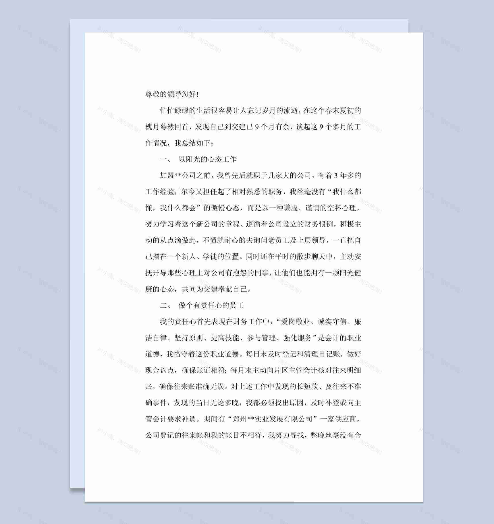 20XX年项目部会计工作总结述职报告Word模板-1