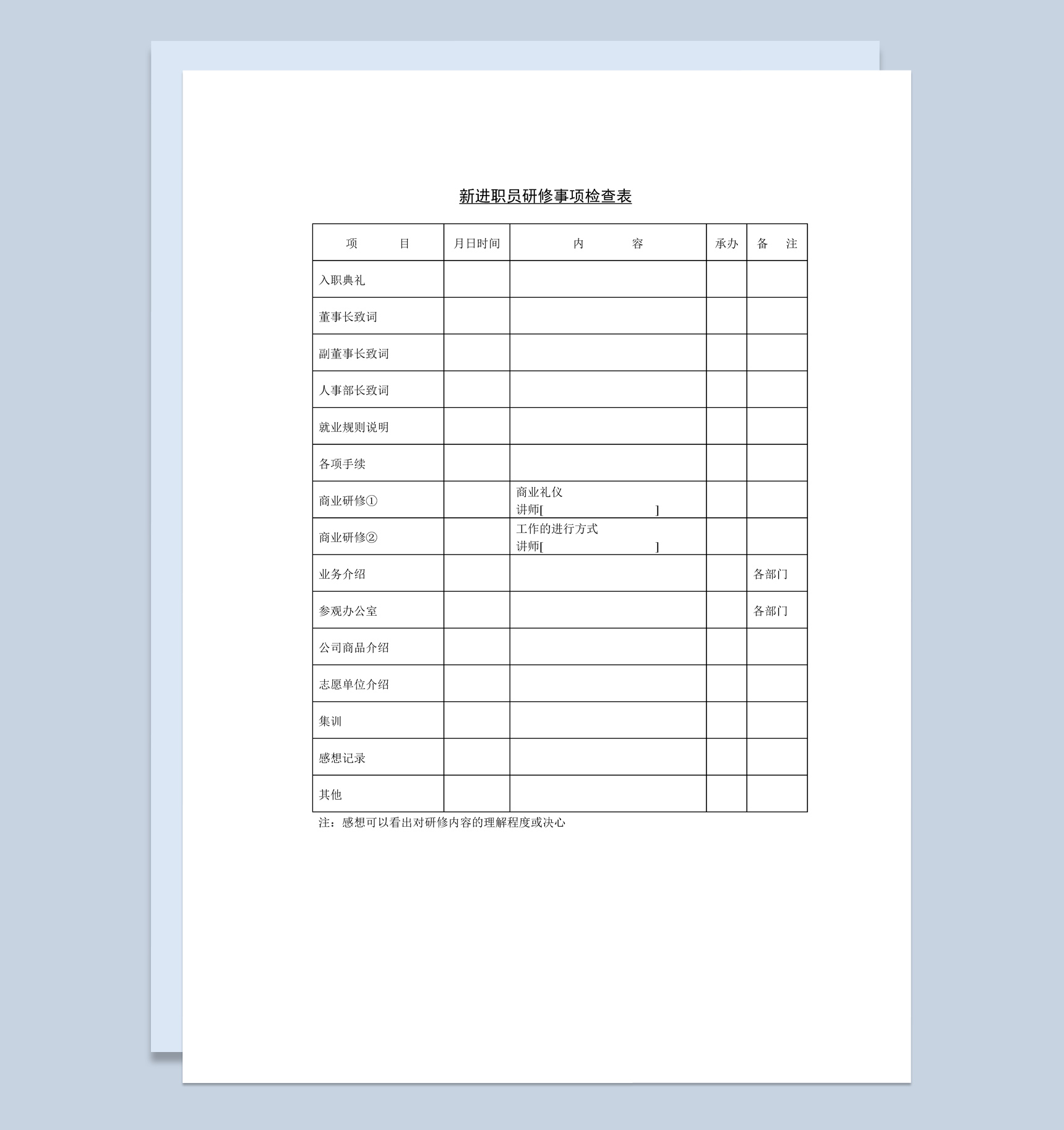 企业新进职员研修事项检查表Word模板