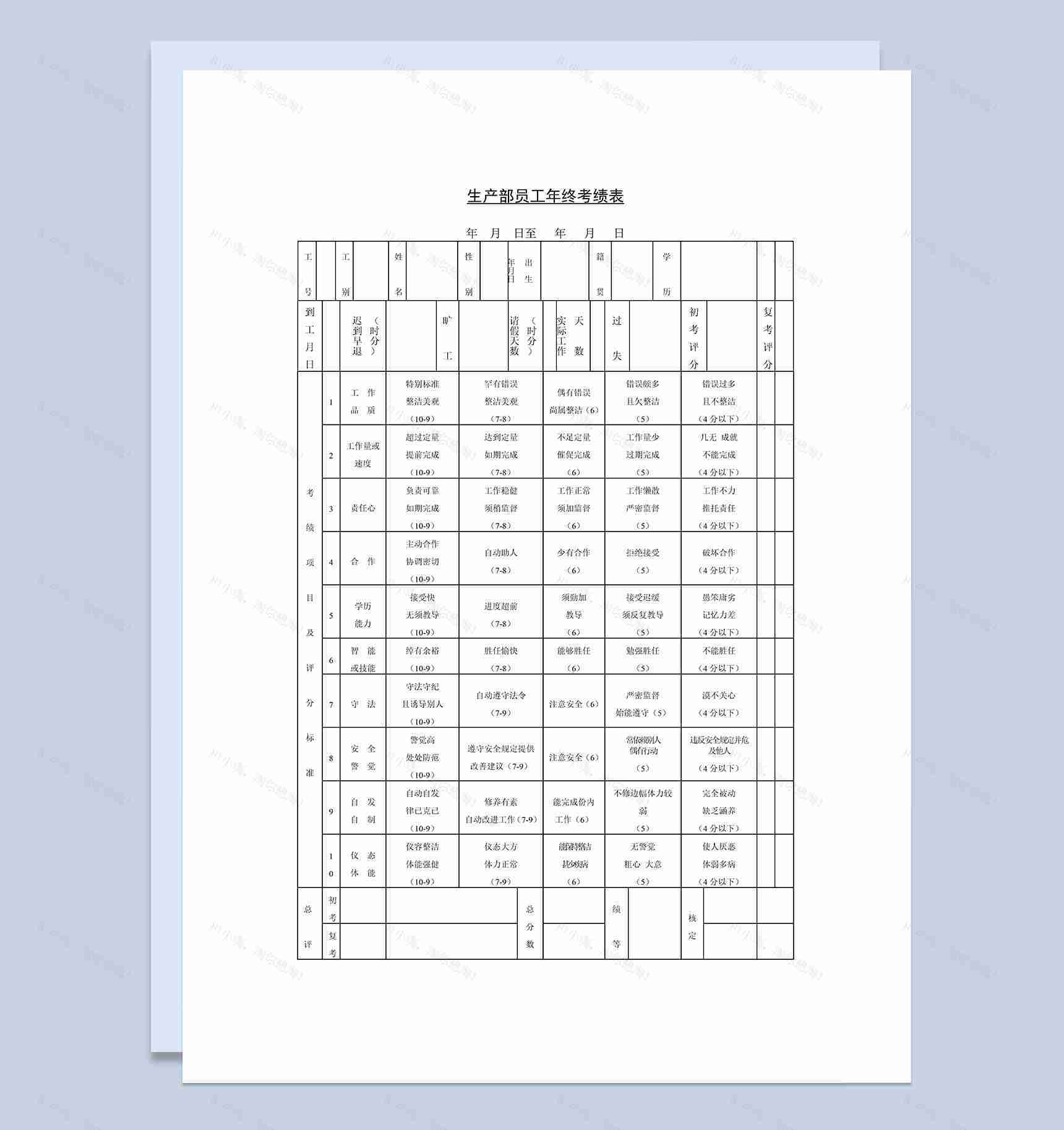 工厂生产部员工年终考绩表Word模板-1