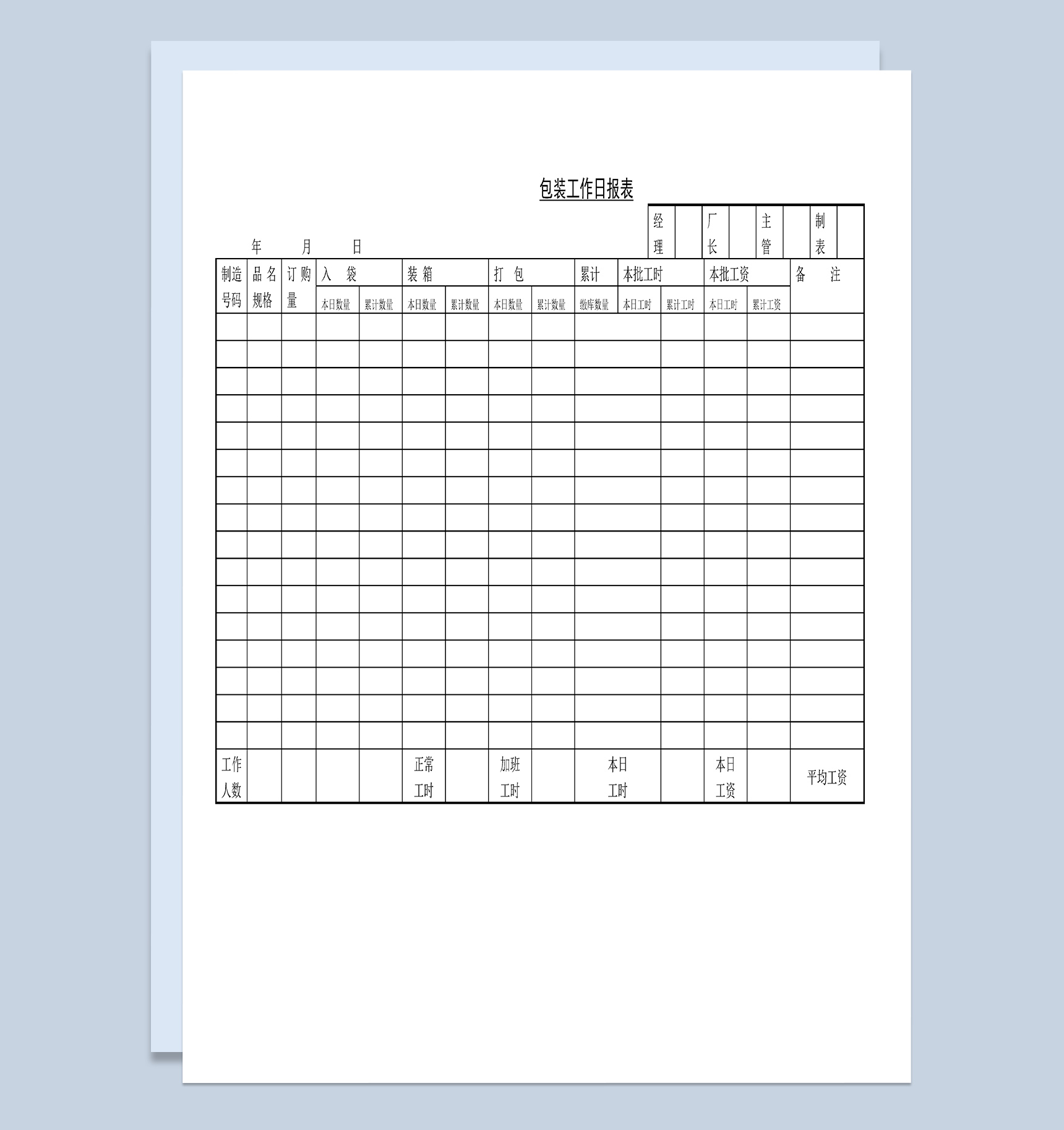 包装工作日报表表格Word模板