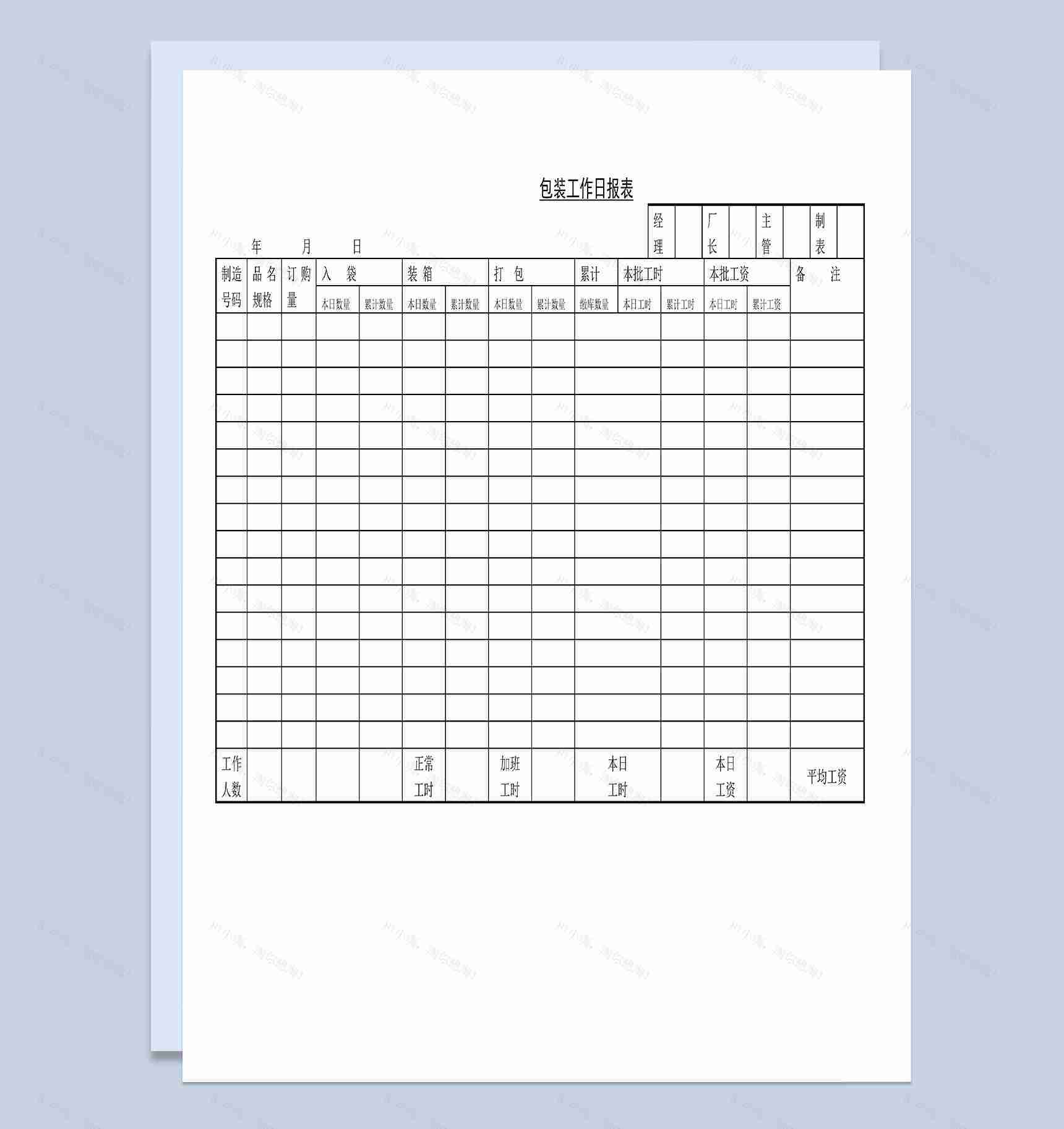 包装工作日报表表格Word模板-1