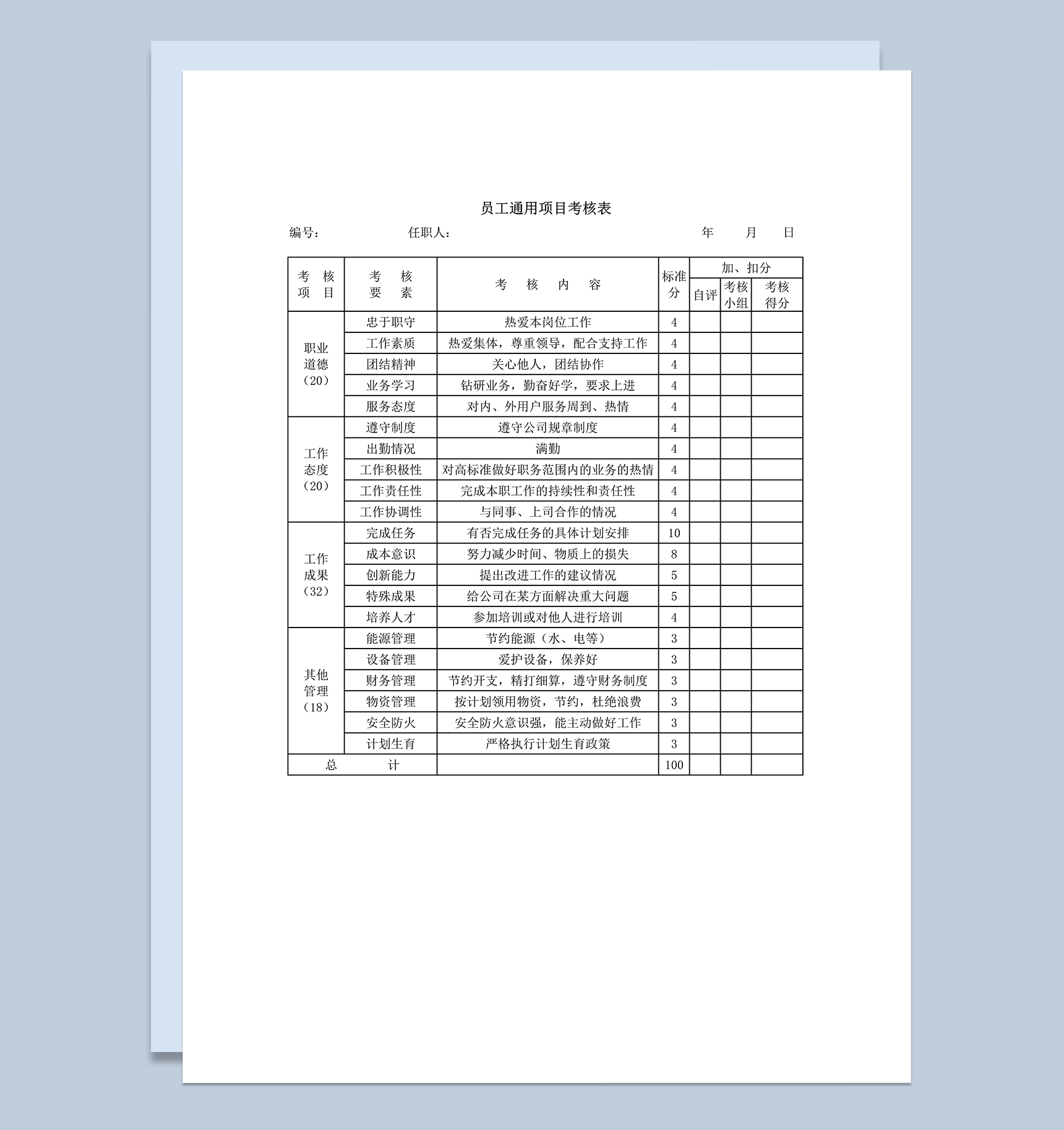 公司综合素质员工通用项目考核表word模板