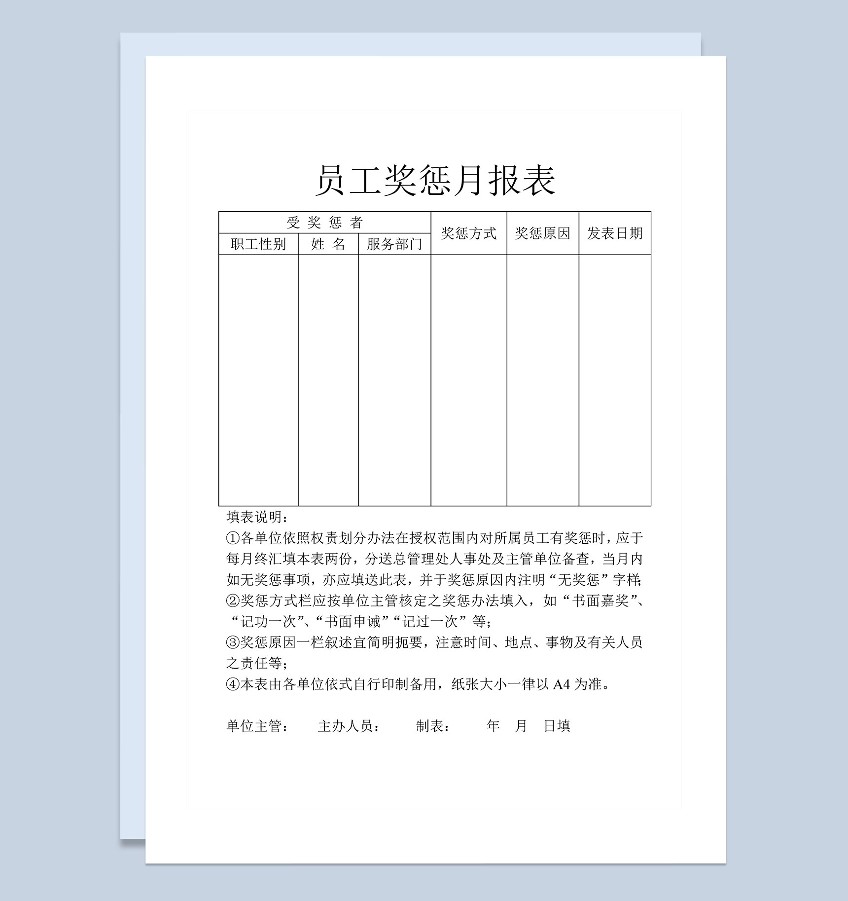 公司单位员工奖惩月报表Word模板