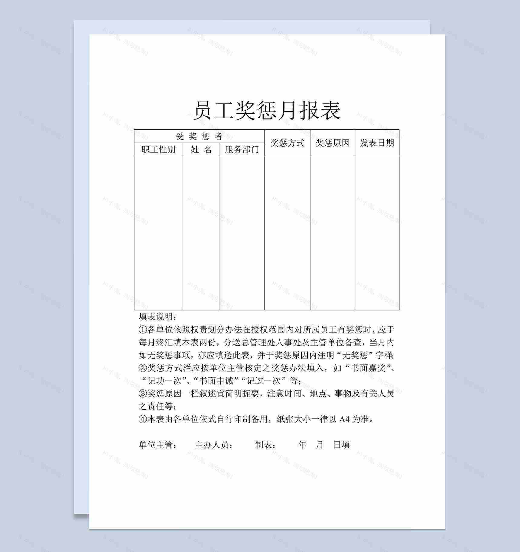 公司单位员工奖惩月报表Word模板-1