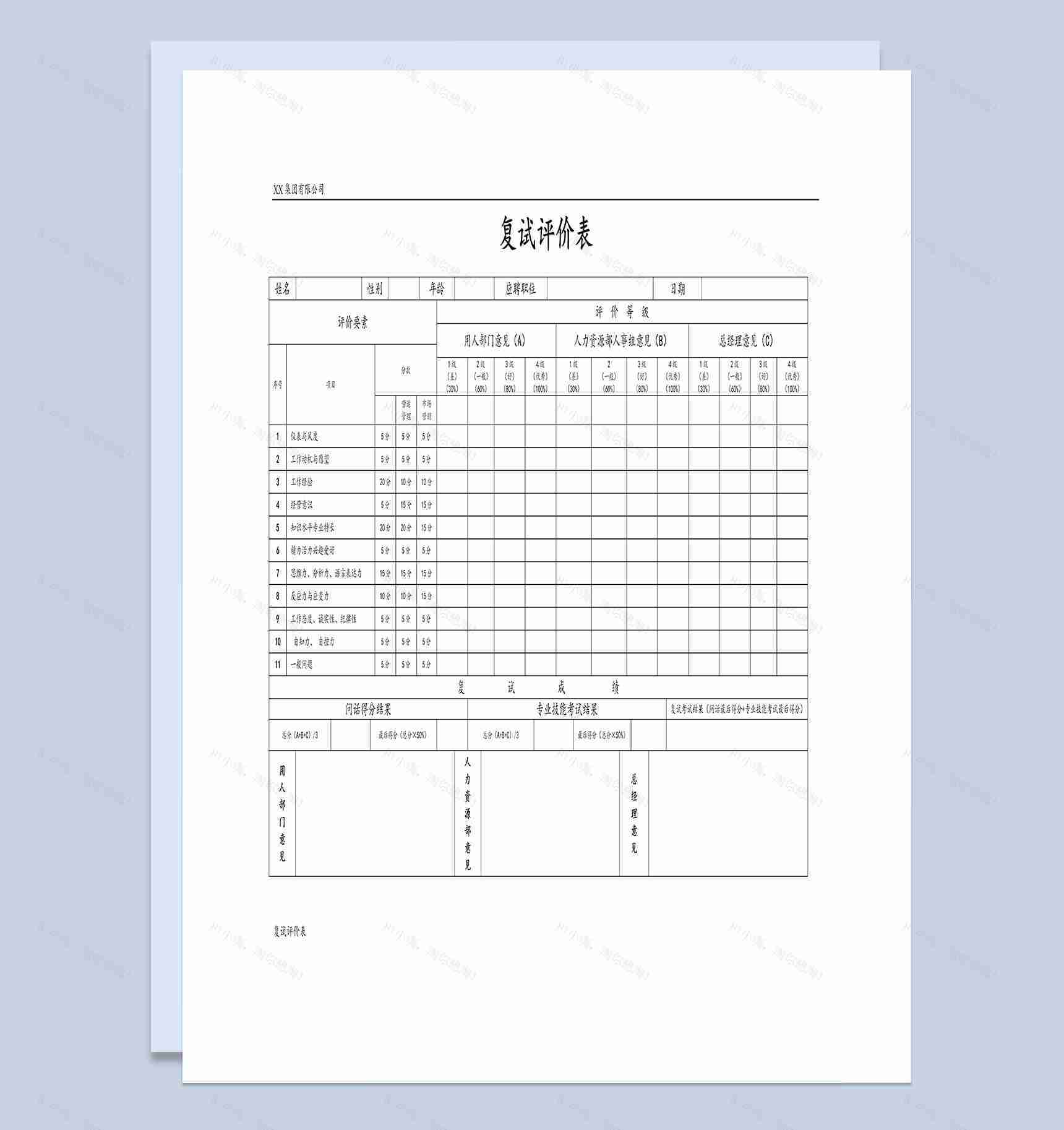 人才招聘面试复试评价表Word模板-1
