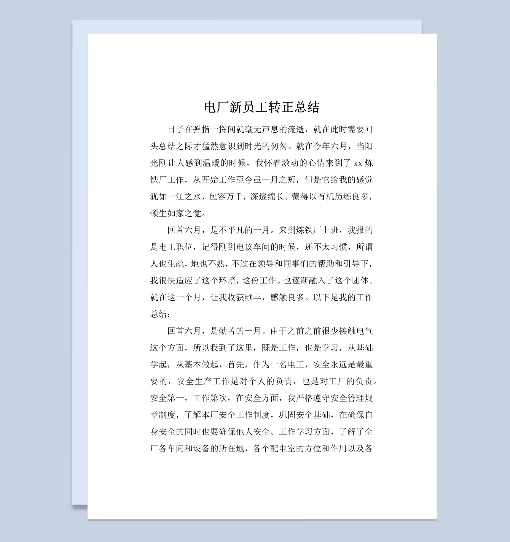 电厂新员工试用期转正工作总结汇报Word模板